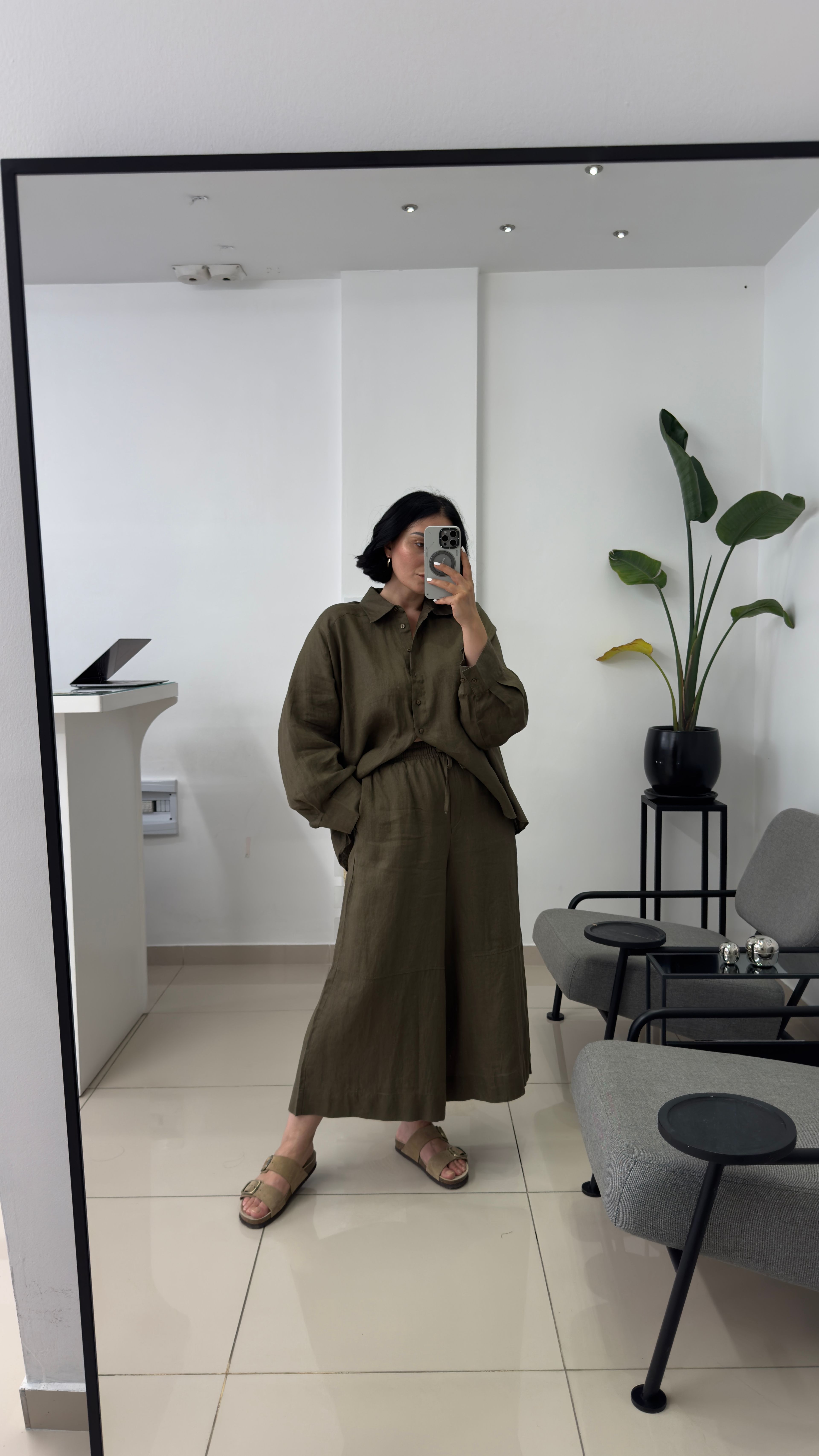 %100 Keten Haki Oversize Gömlek