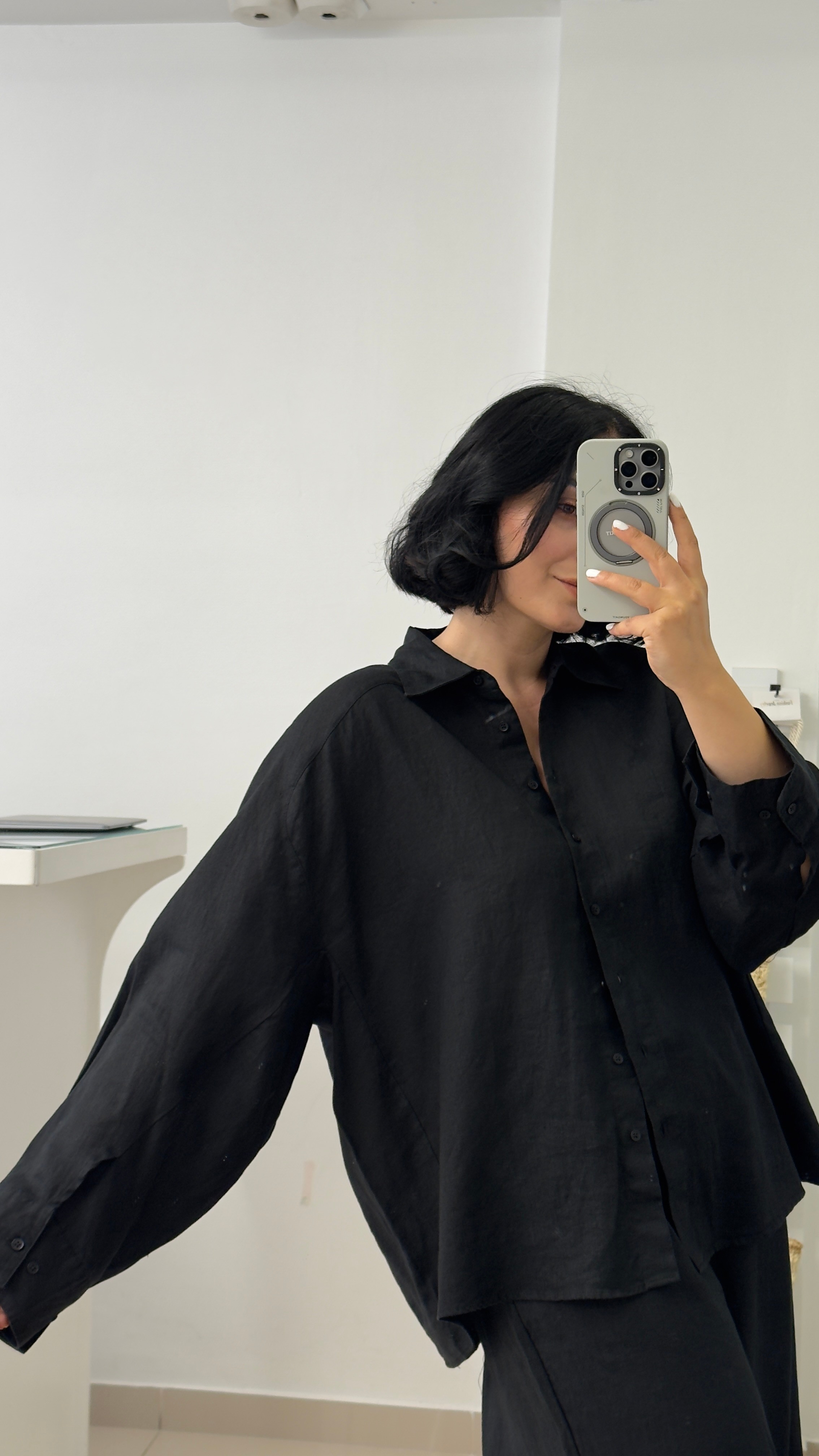 %100 Keten Siyah Oversize Gömlek