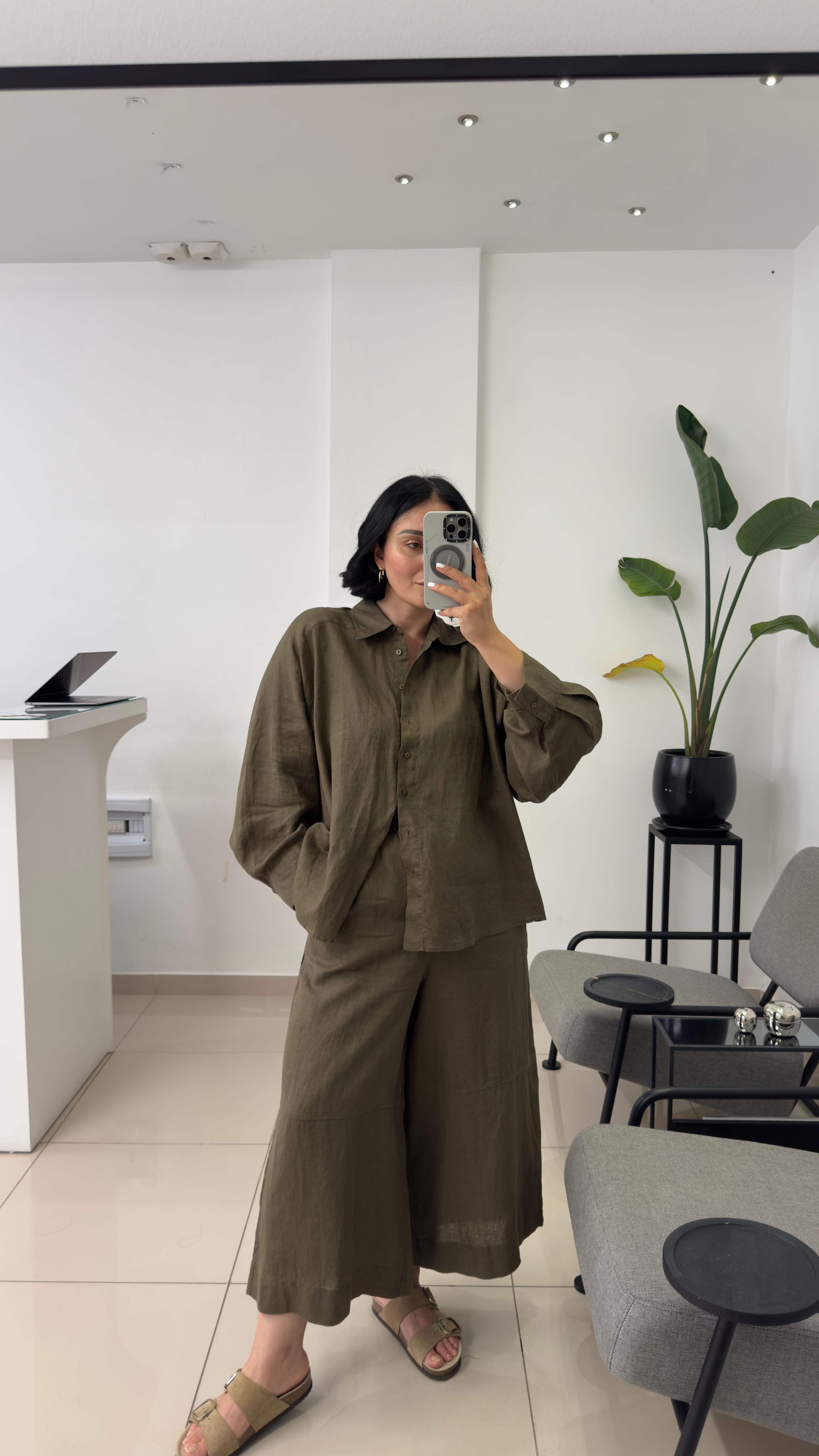 %100 Keten Haki Oversize Gömlek