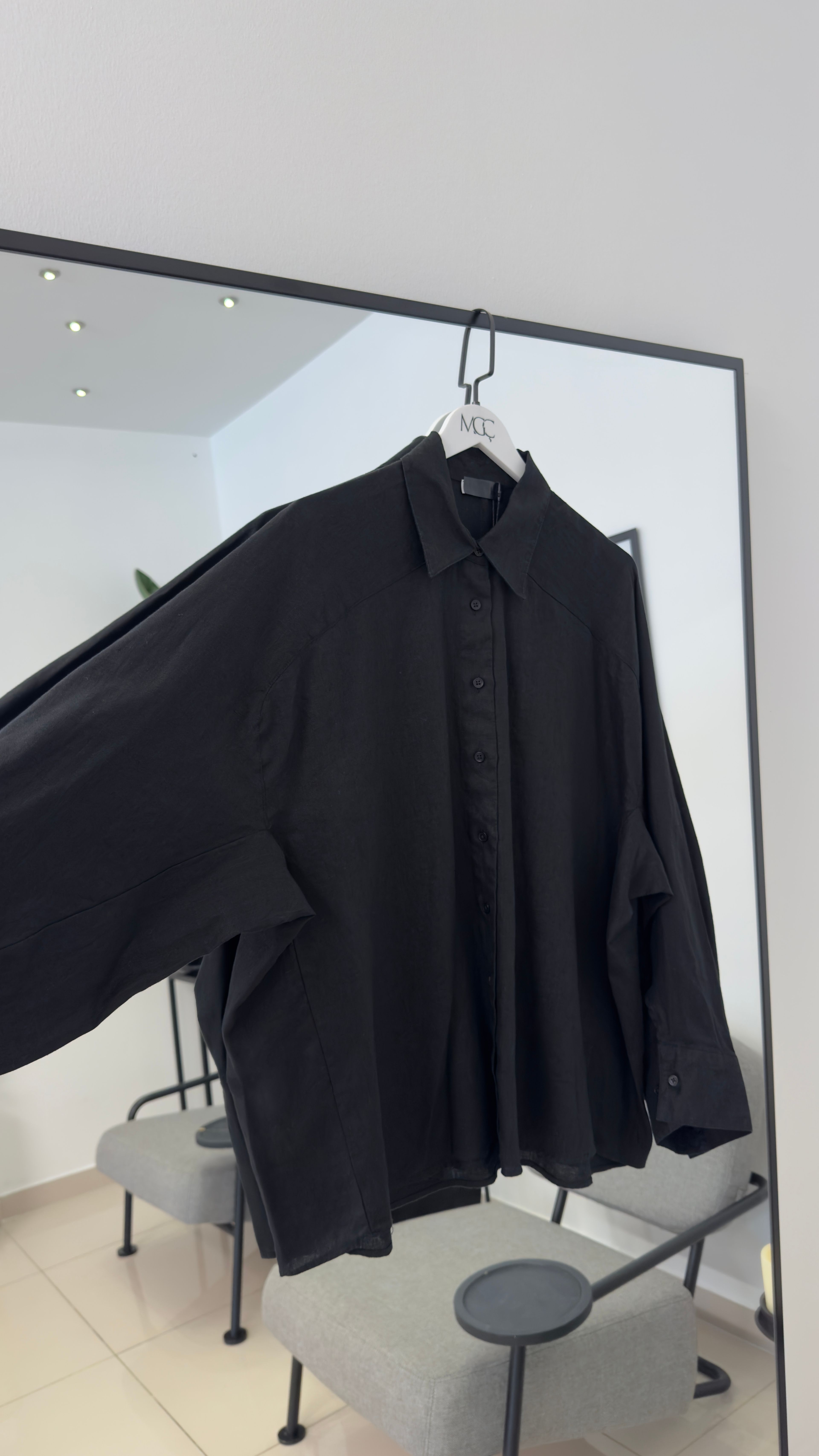 %100 Keten Siyah Oversize Gömlek