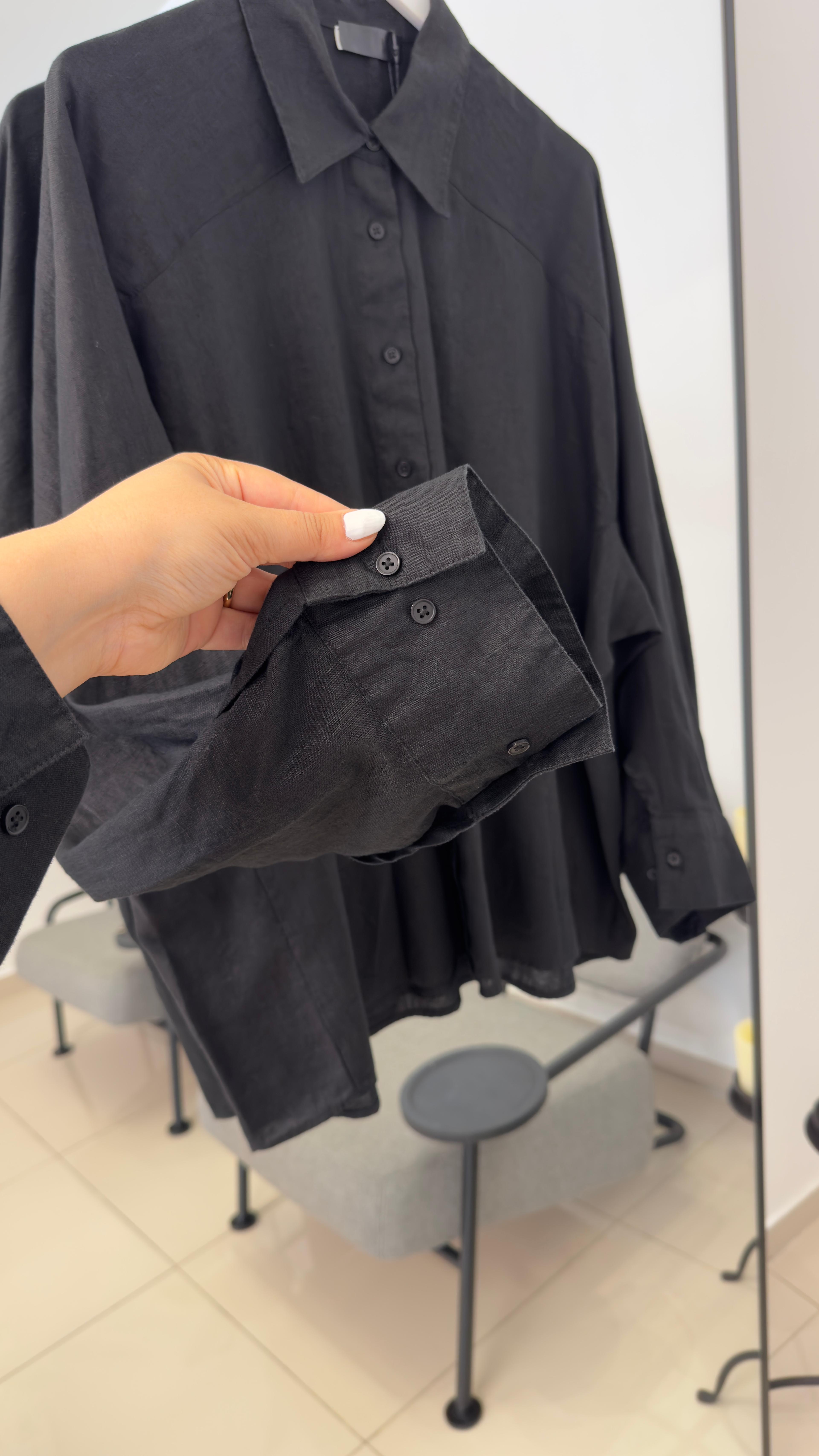 %100 Keten Siyah Oversize Gömlek