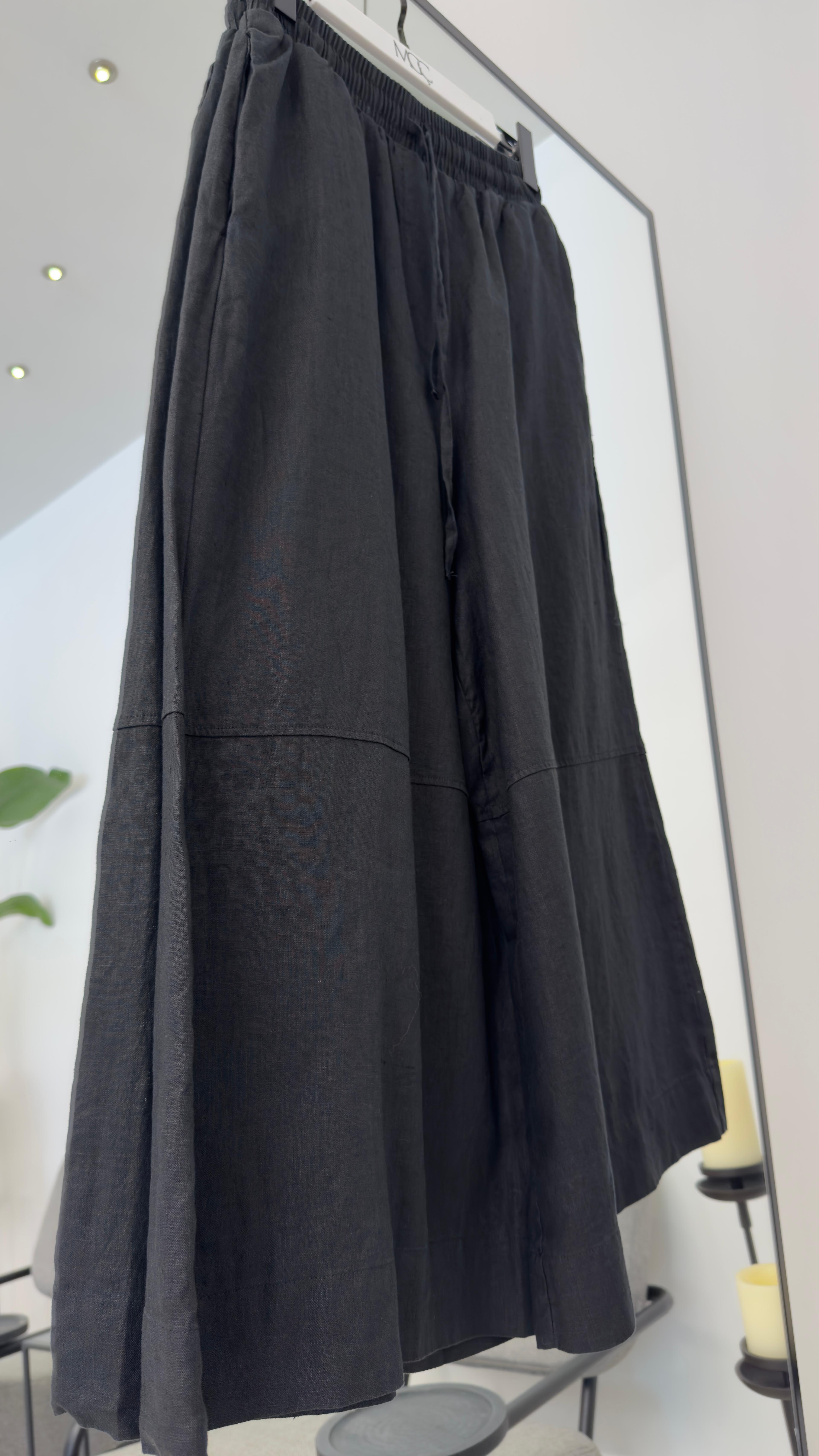 %100 Keten Siyah Geniş Paça Pantolon