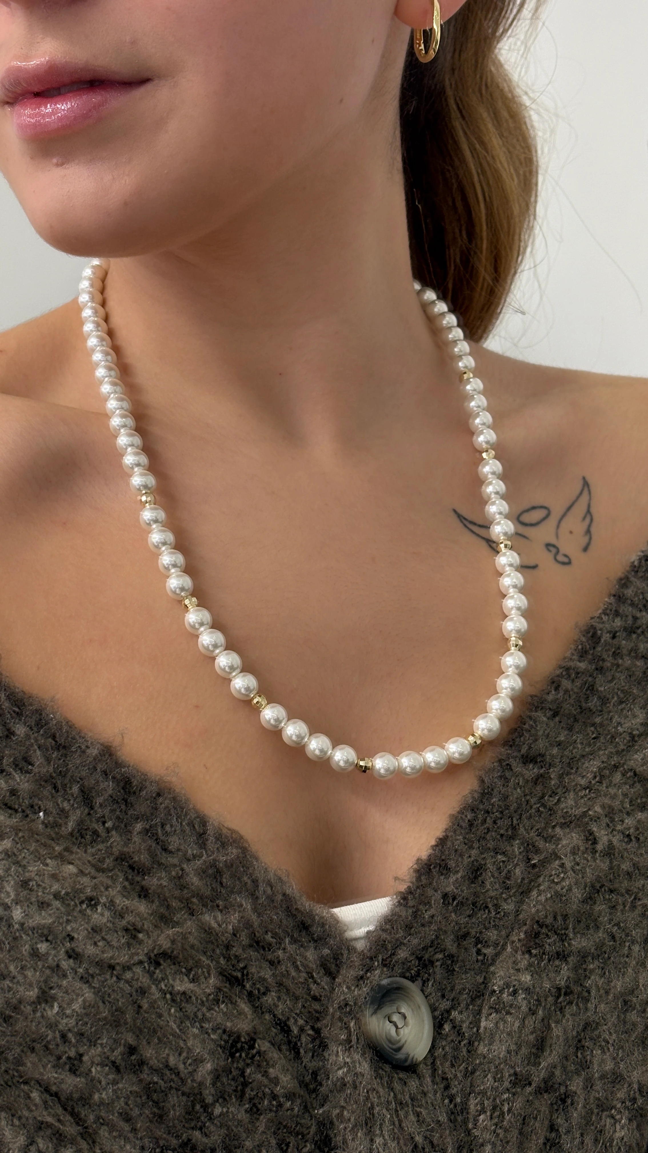 İnci Kolye Mini Gold Boncuk Detaylı(zincirleri altın kaplamadır)