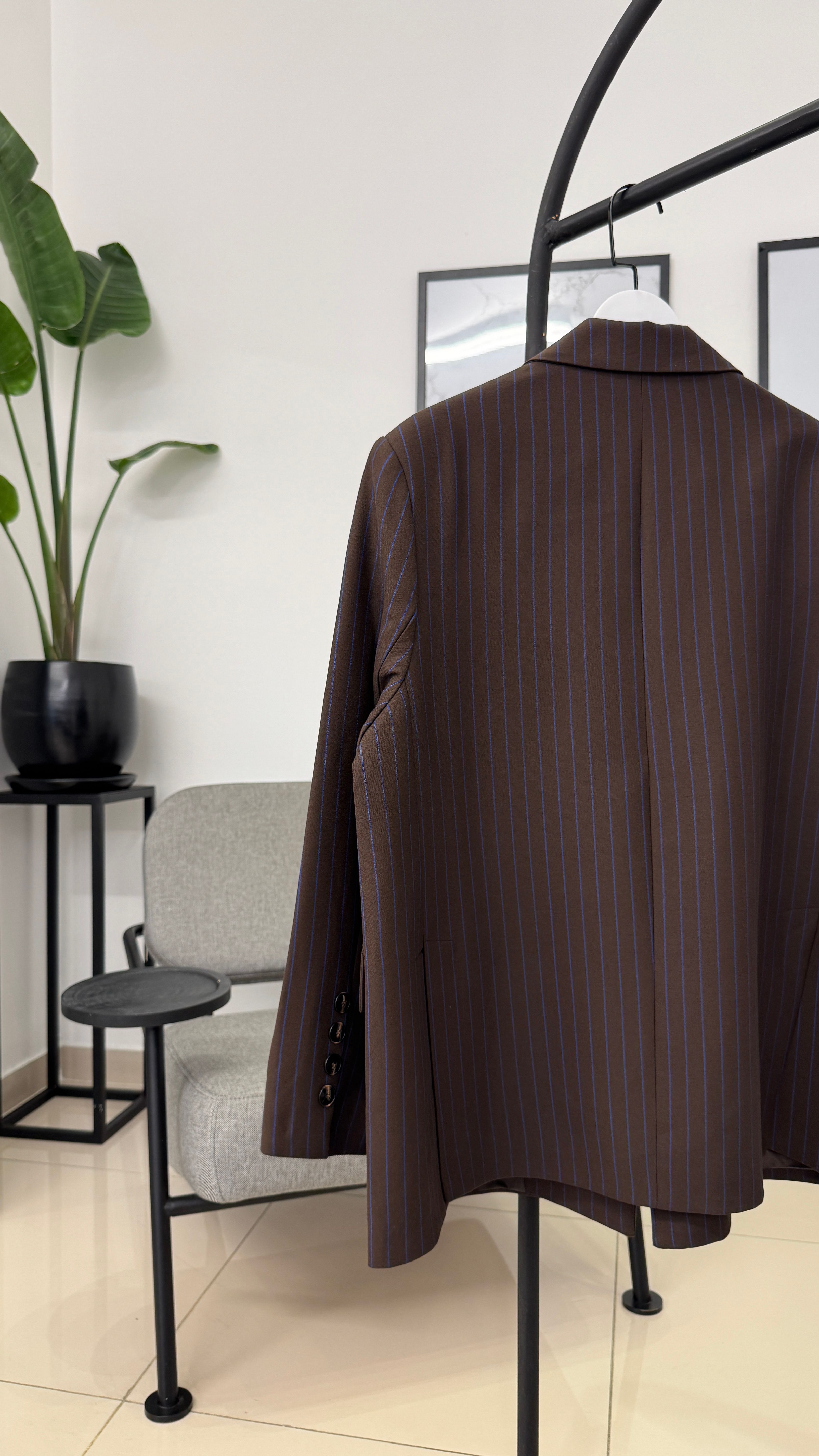 Mavi Çizgili Kahve Oversize Ceket