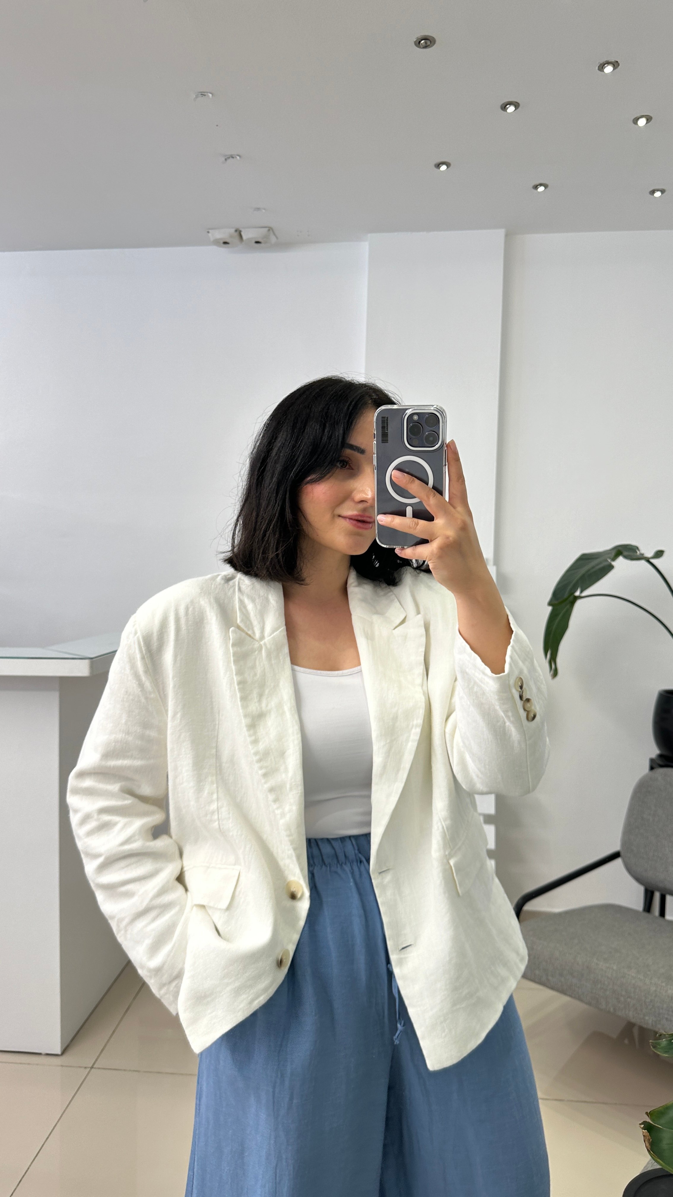 Oversize Beyaz Keten Ceket