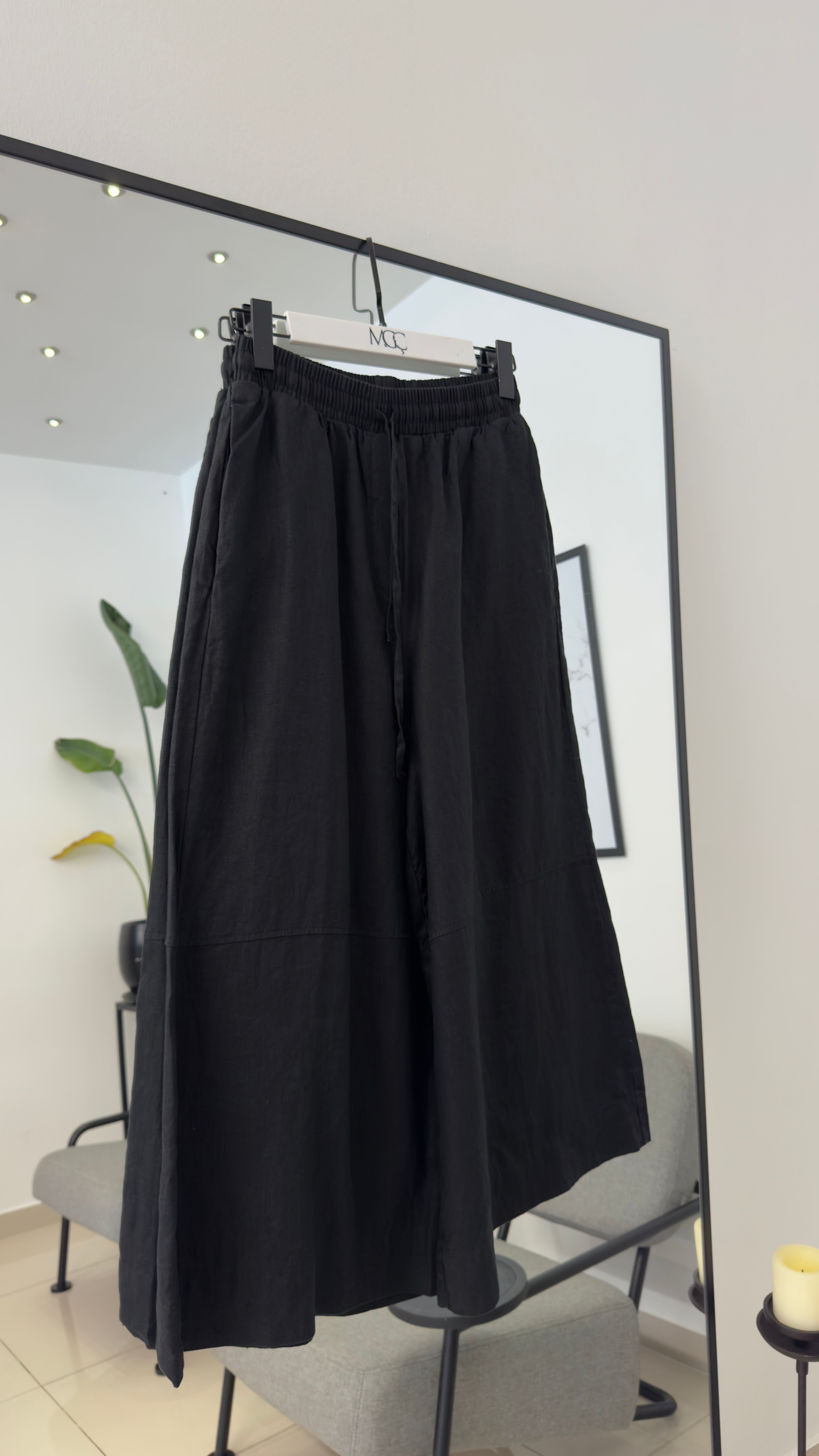 %100 Keten Siyah Geniş Paça Pantolon