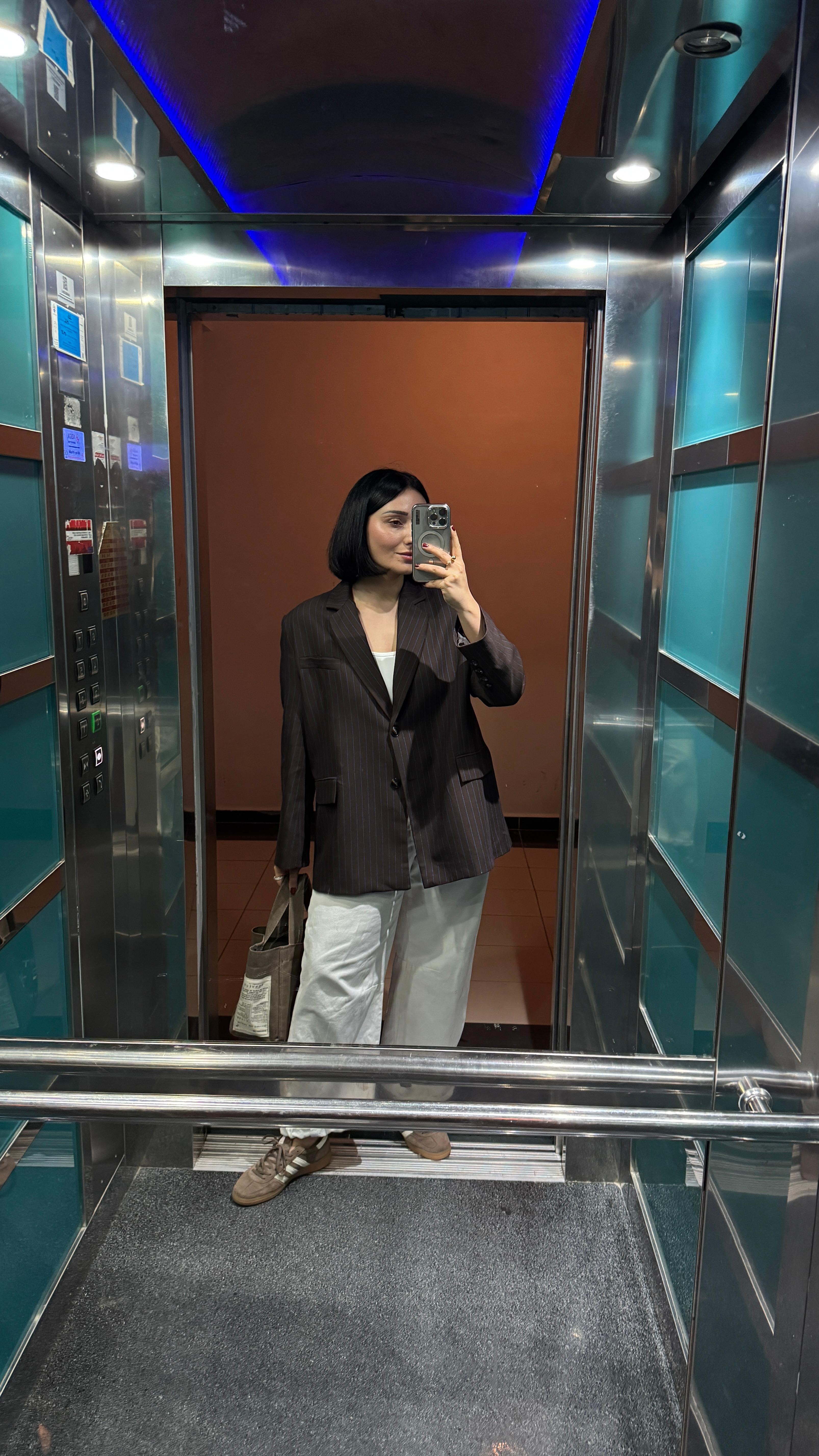 Mavi Çizgili Kahve Oversize Ceket