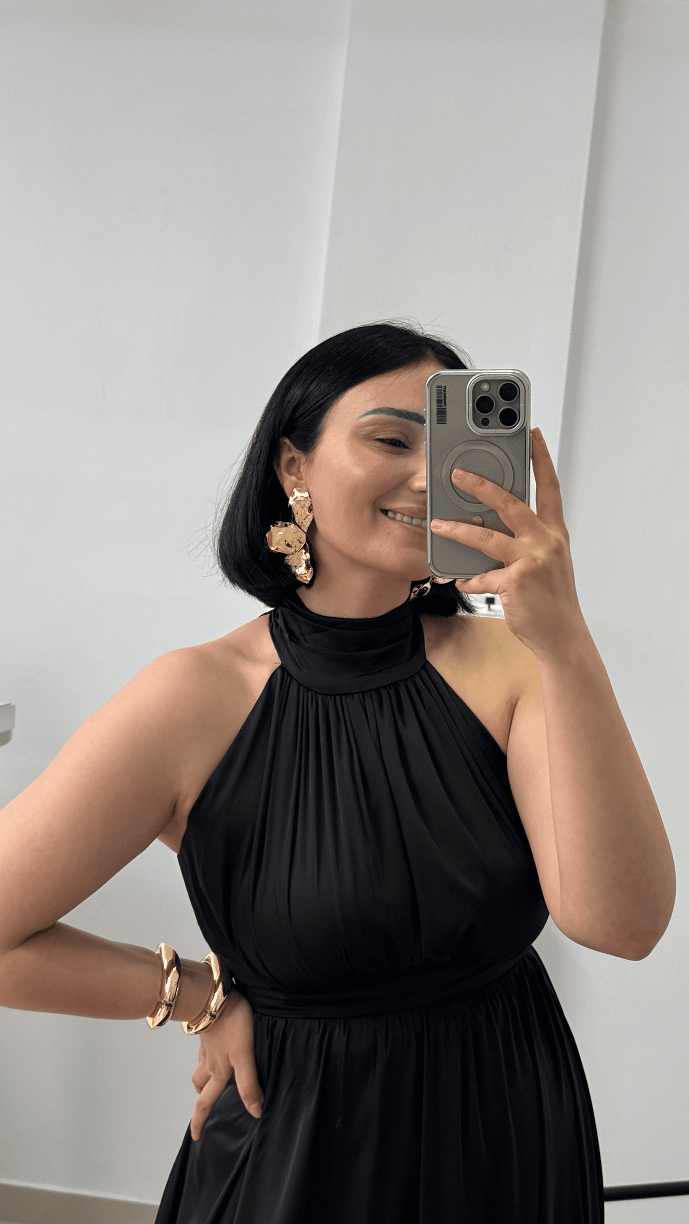 Halter Yaka İnce Krep Kumaş Elbise/ Siyah