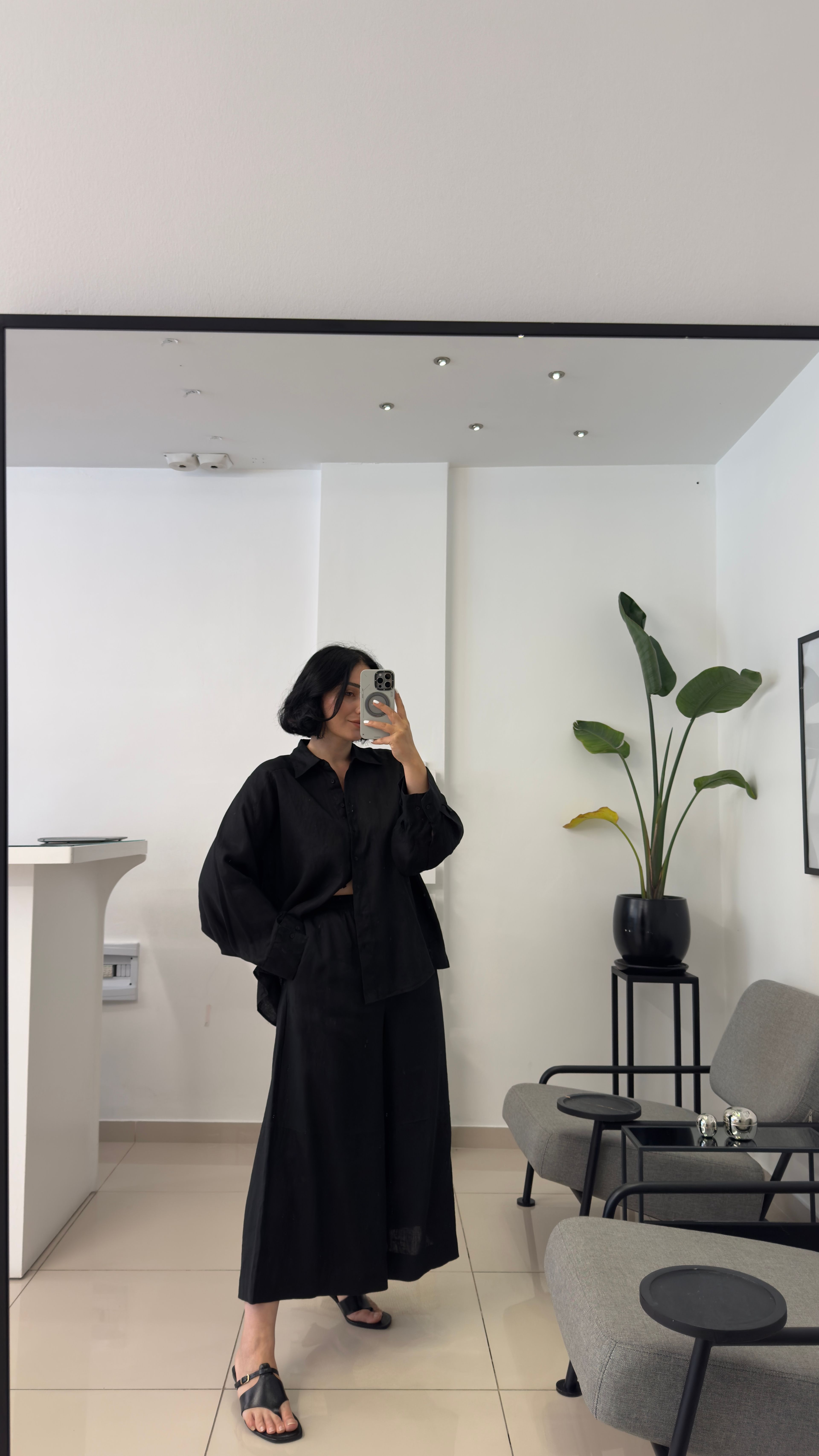 %100 Keten Siyah Oversize Gömlek