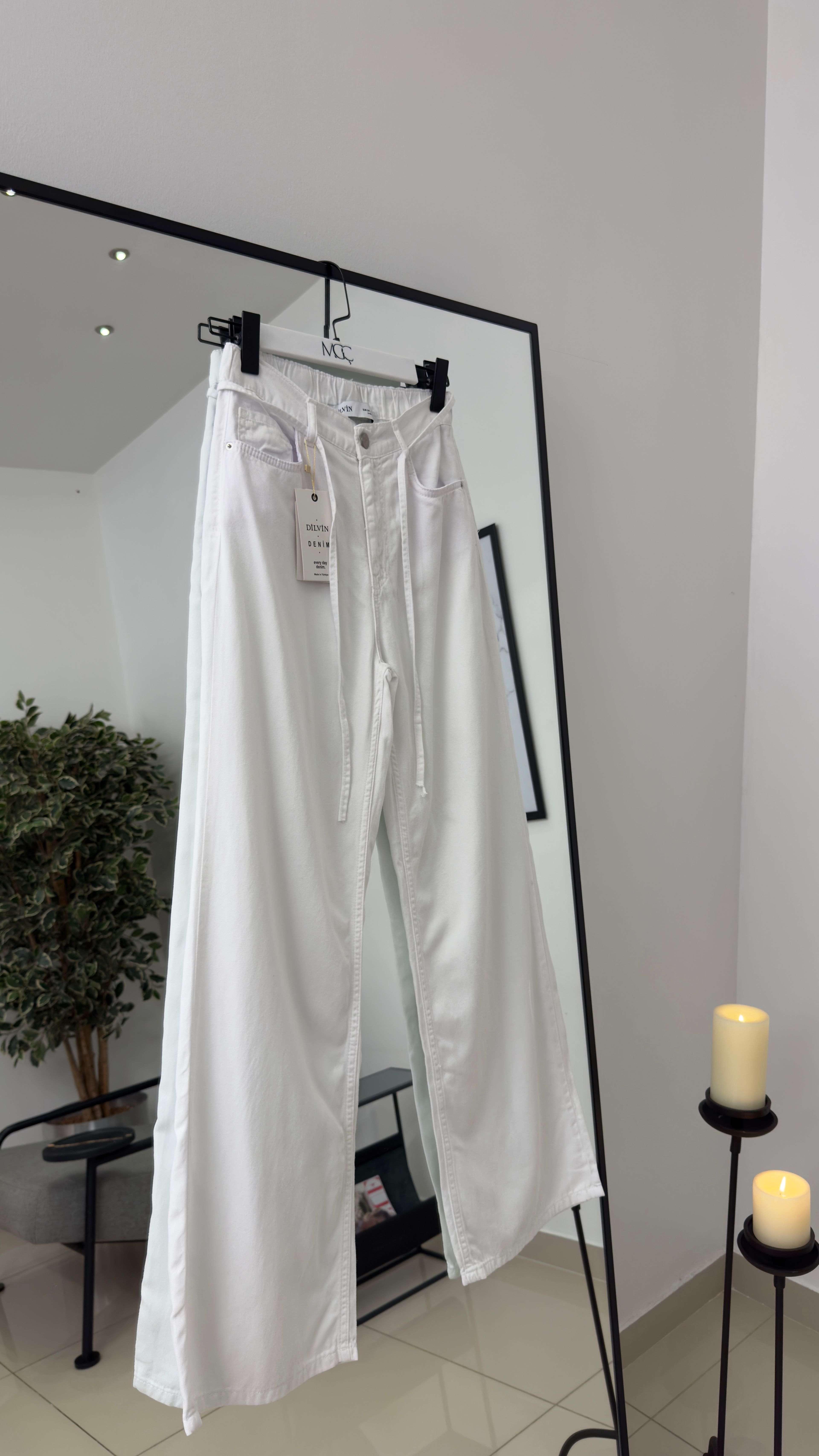 Arkası Lastikli Lyocell Denim Pantolon / Beyaz