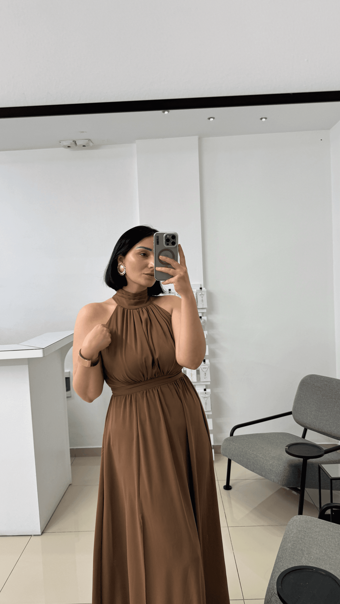 Halter Yaka İnce Krep Kumaş Elbise/ Kahve