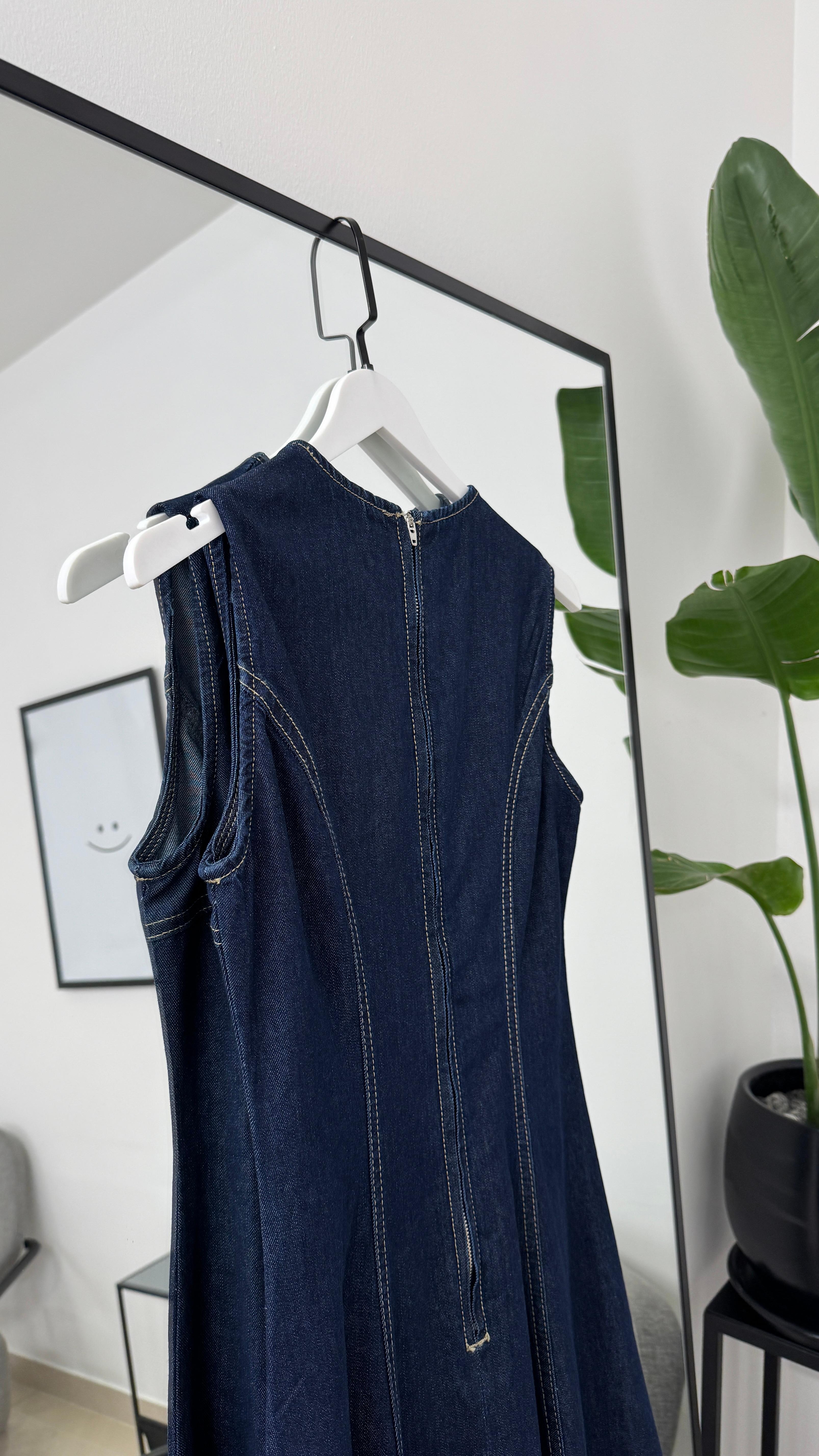 Yanları Kuplu Uzun Denim Elbise-Lacivert