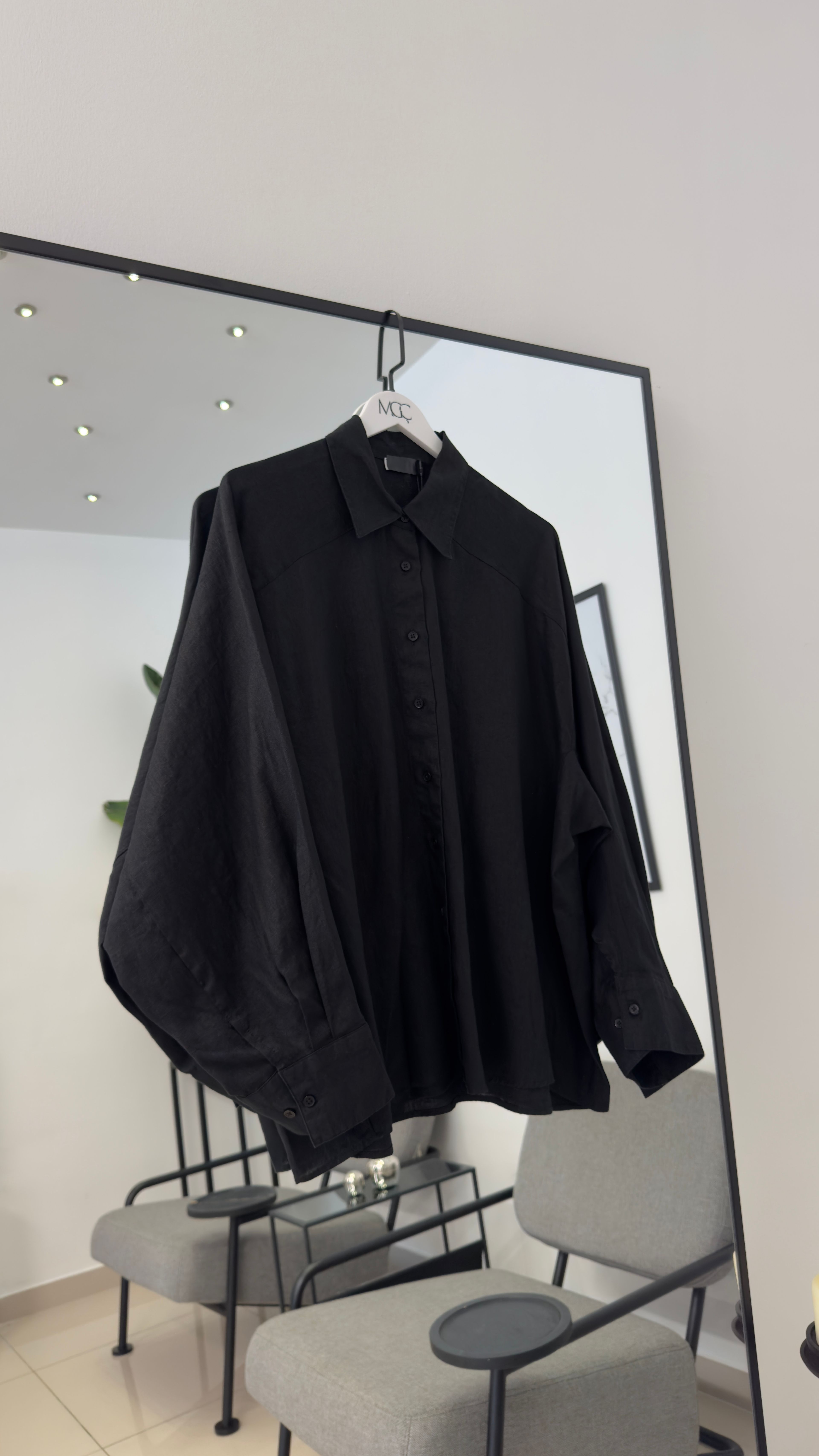 %100 Keten Siyah Oversize Gömlek