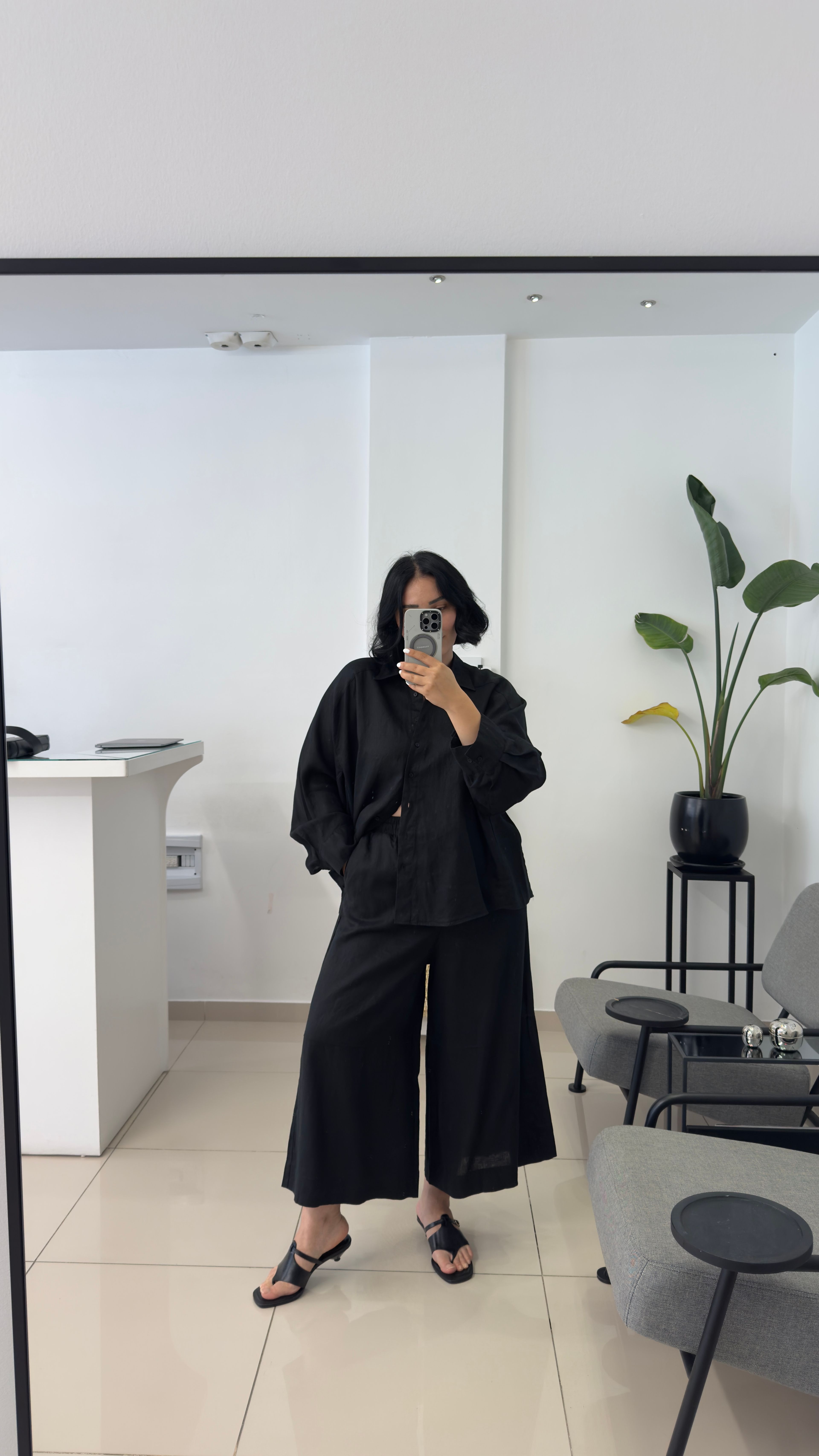 %100 Keten Siyah Oversize Gömlek