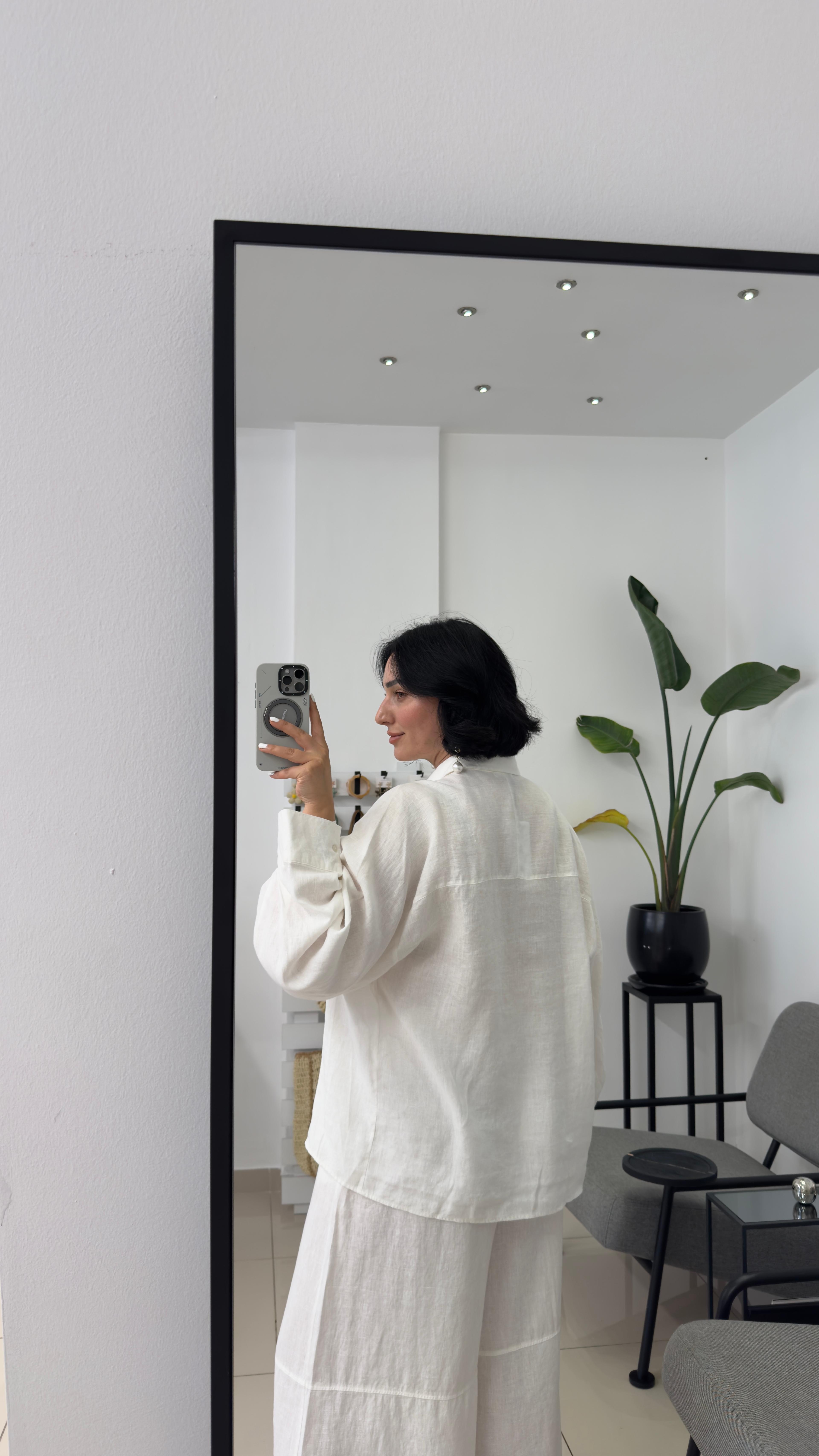 %100 Keten Ekru Oversize Gömlek