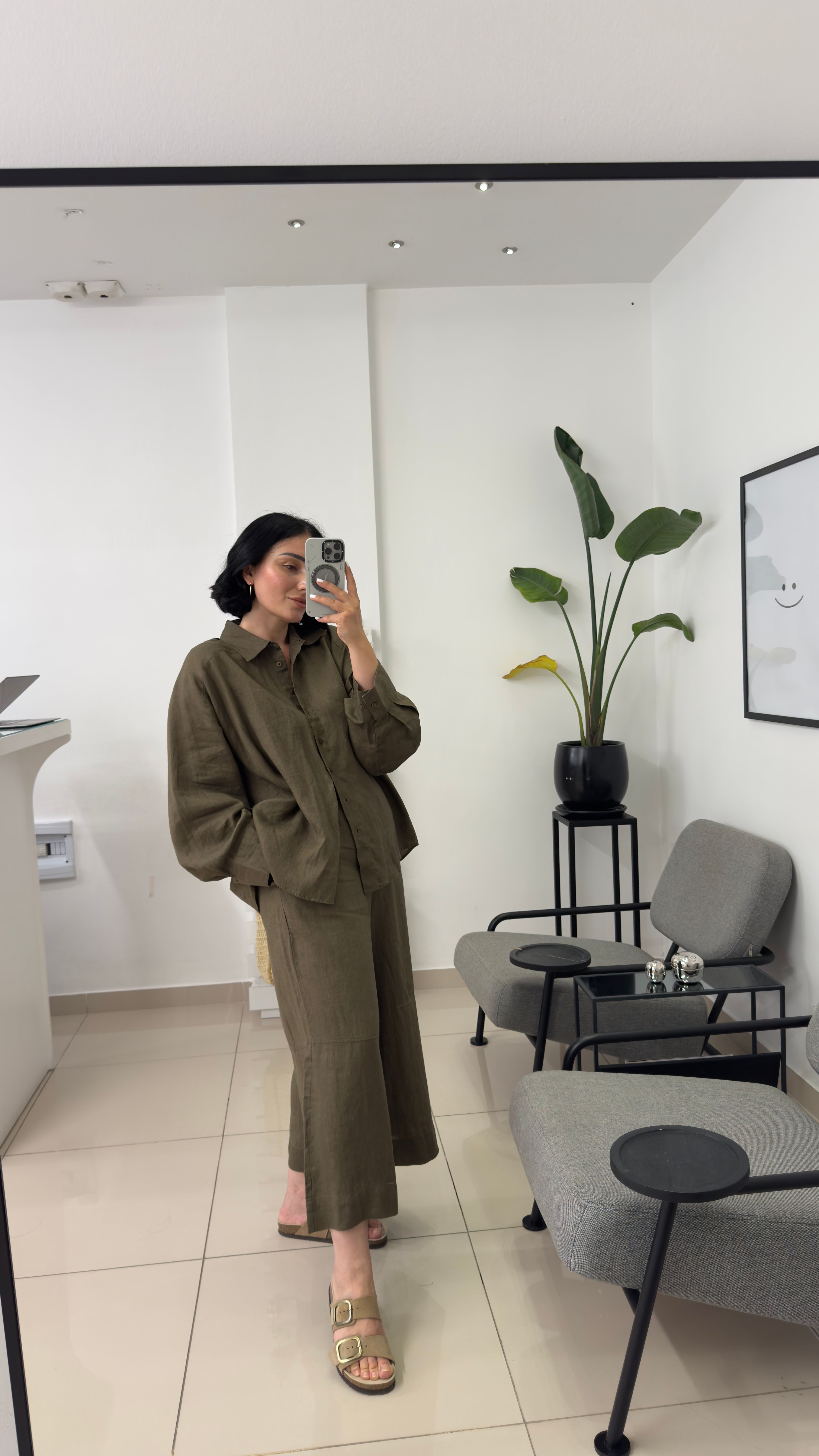 %100 Keten Haki Oversize Gömlek