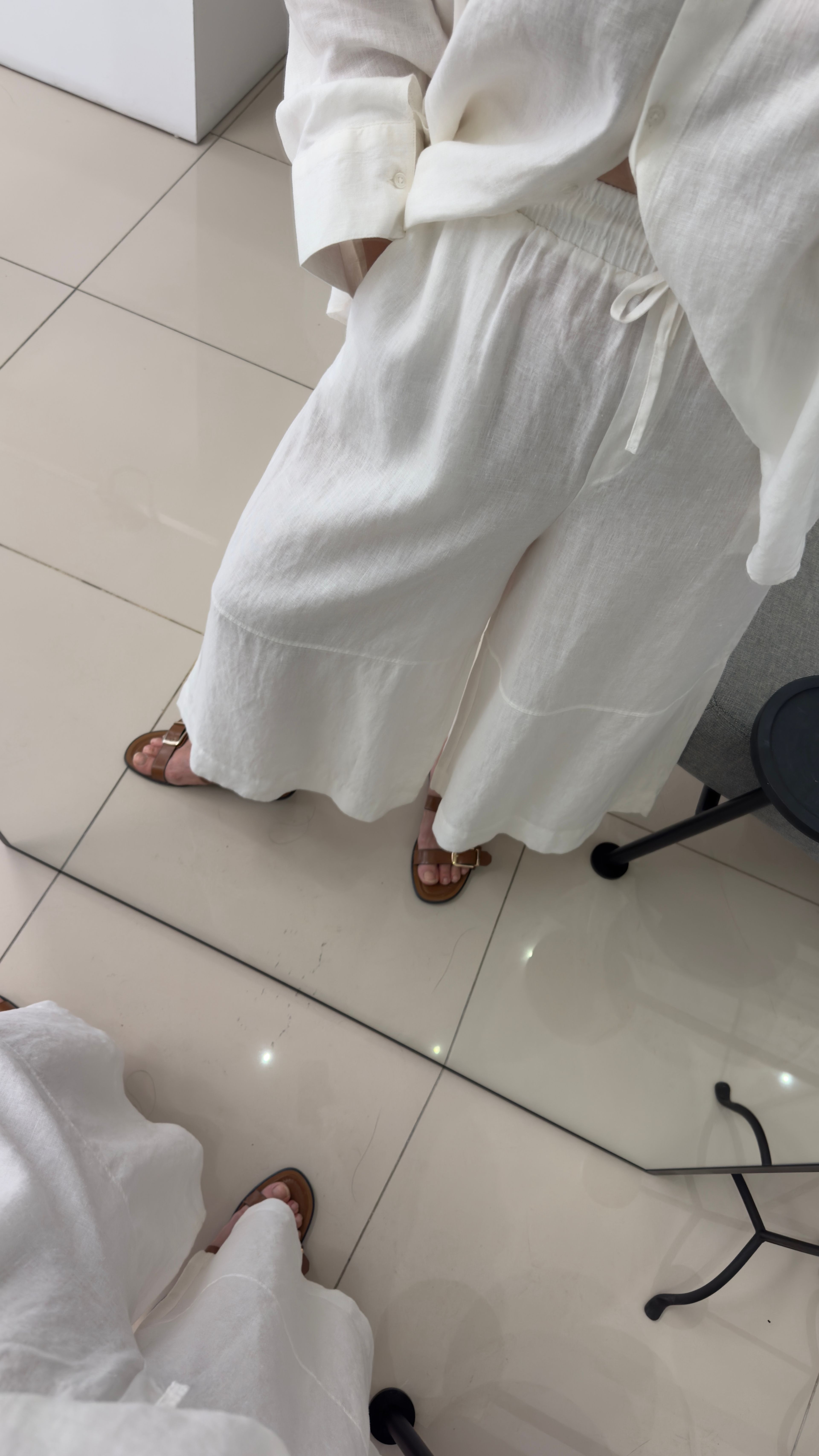 %100 Keten Ekru Geniş Paça Pantolon