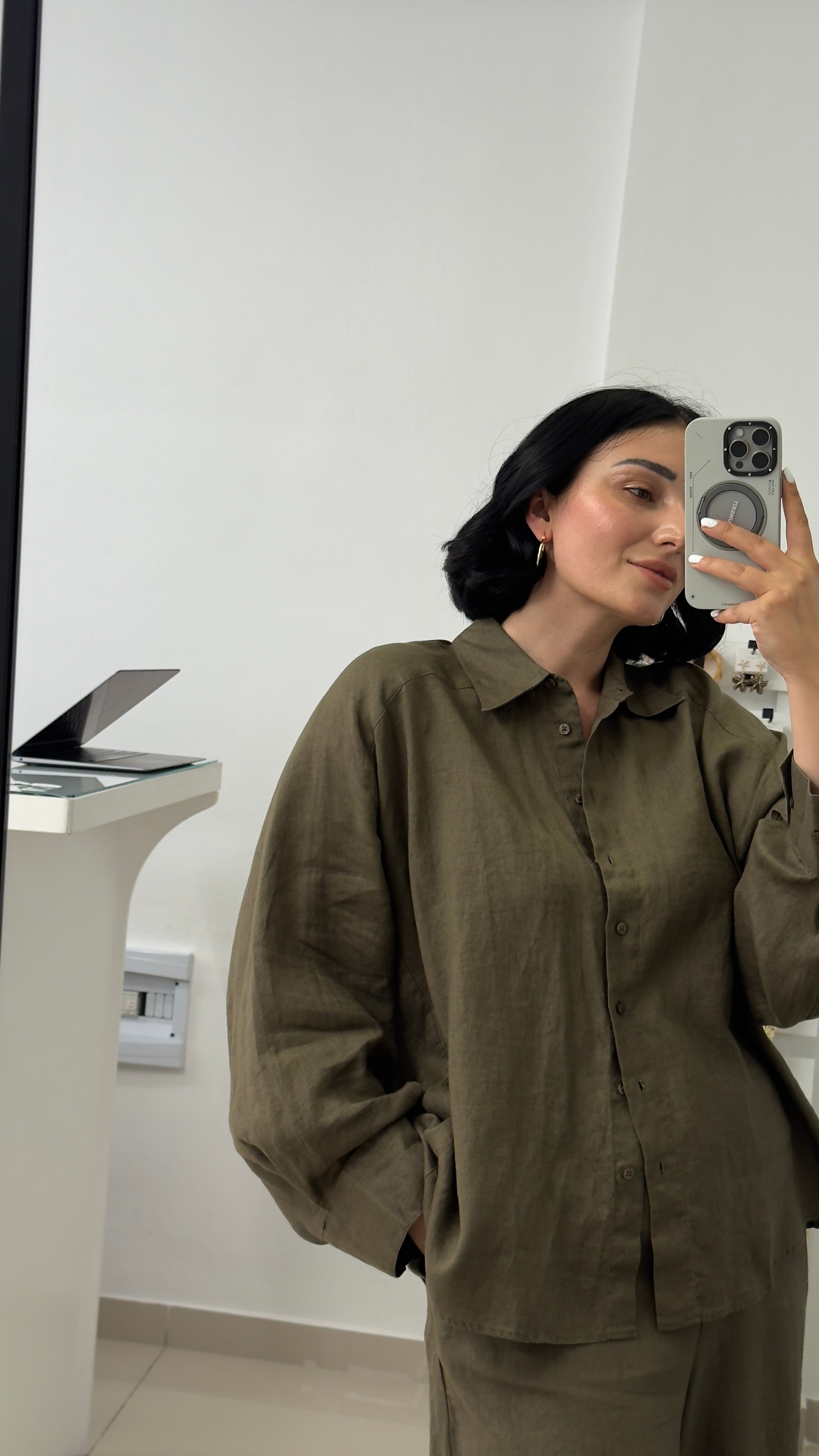 %100 Keten Haki Oversize Gömlek