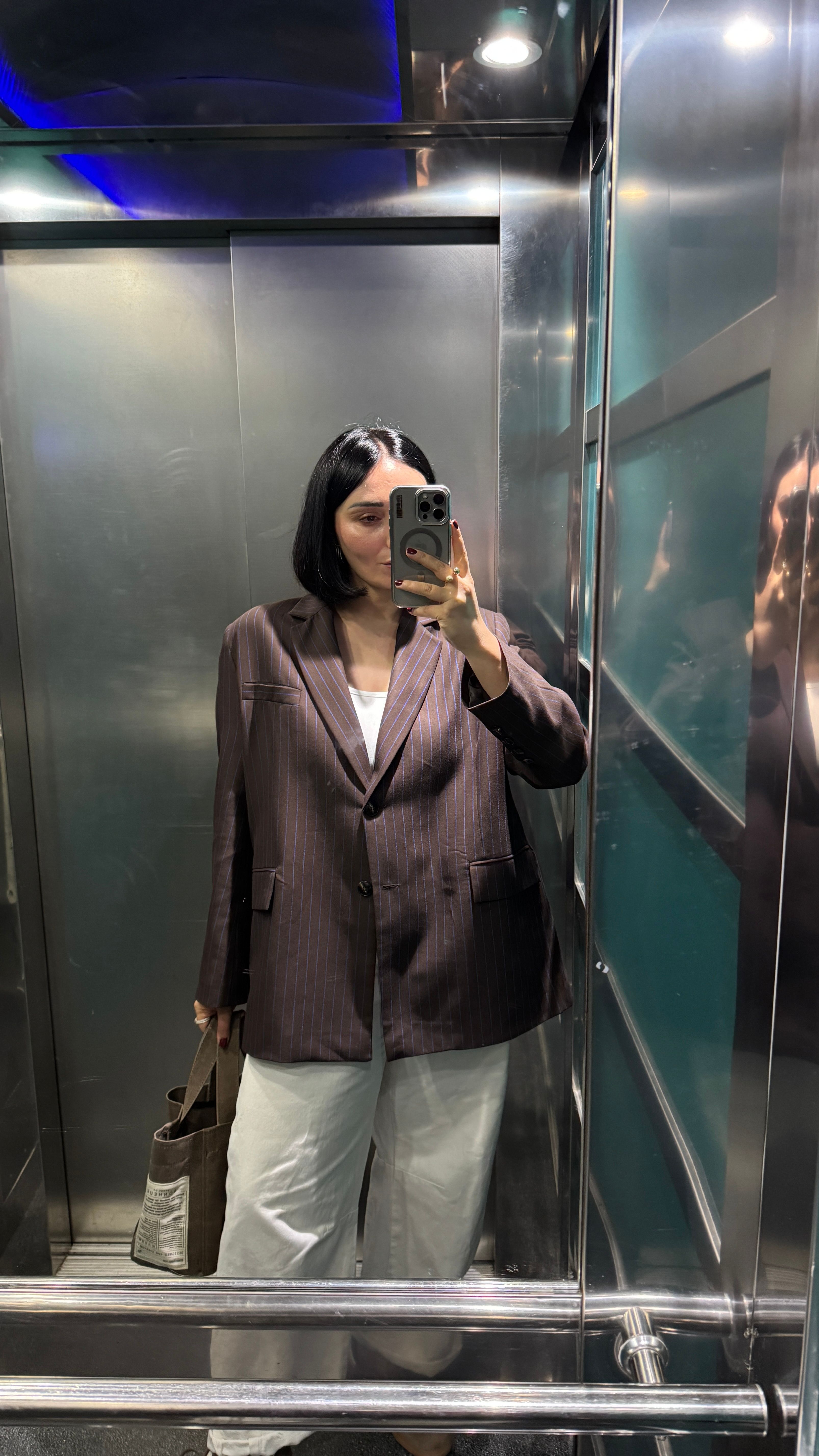 Mavi Çizgili Kahve Oversize Ceket
