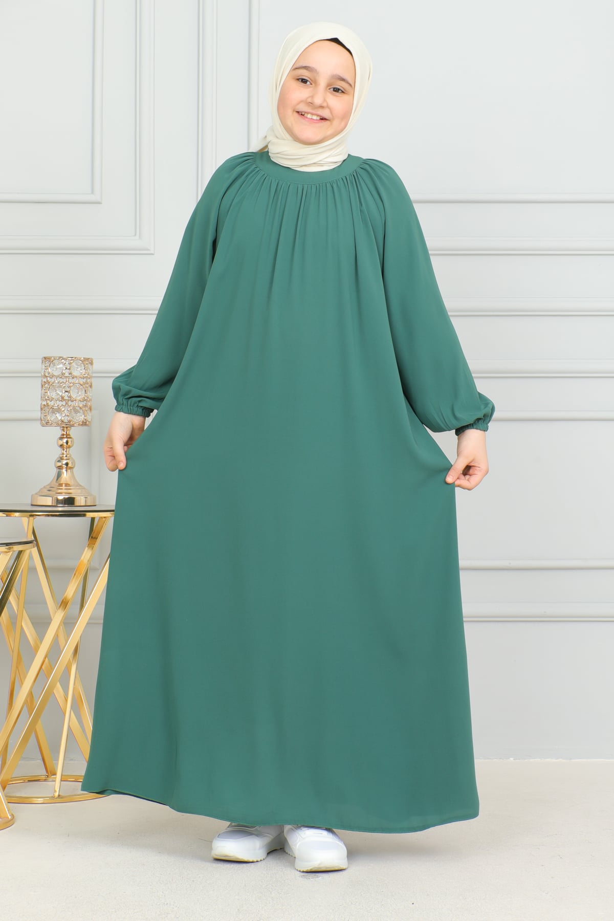 Reglan Kol Büzgülü Çocuk Elbise & Yeşil