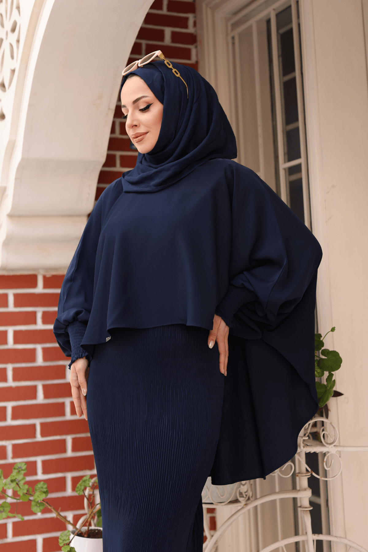 Elagant Dubai İpeği Pelerın Takım & Lacivert