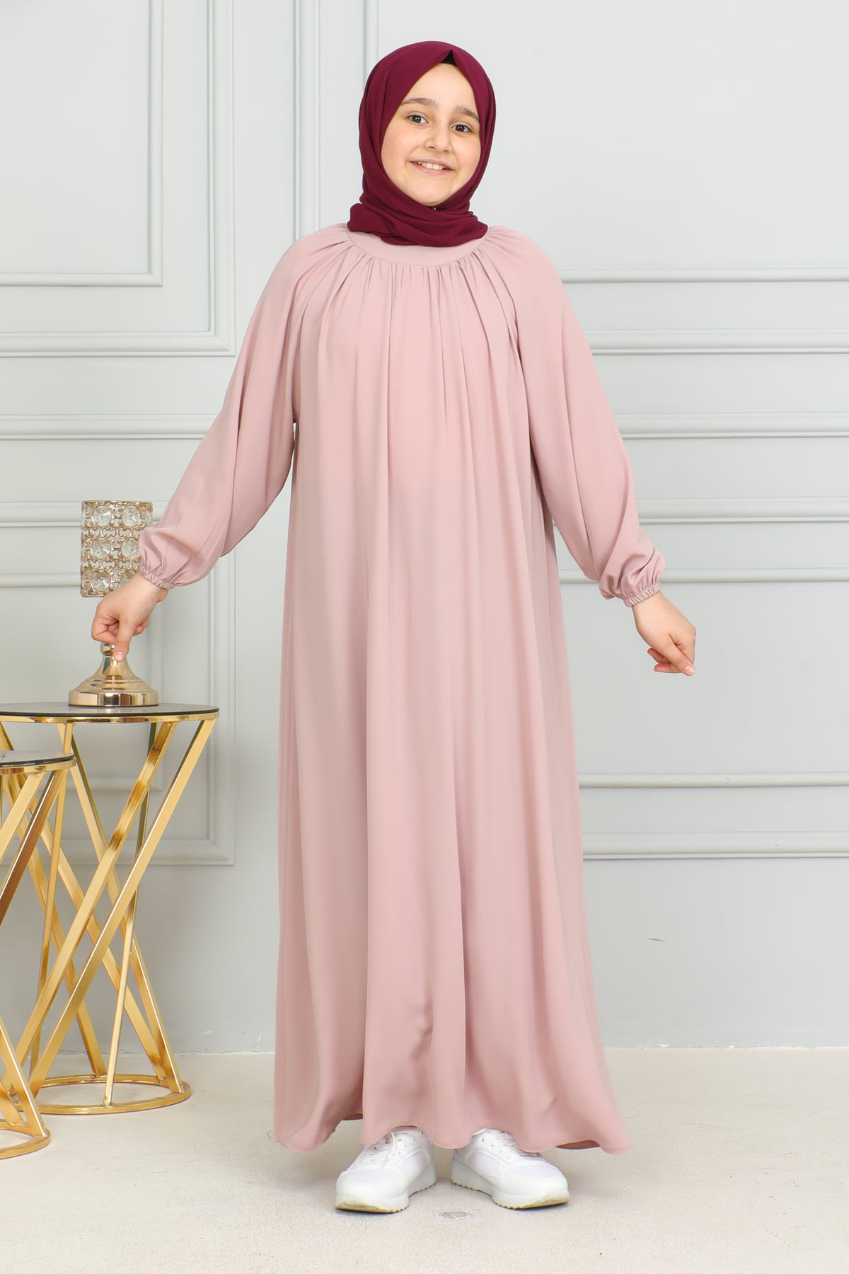 Reglan Kol Büzgülü Çocuk Elbise 4004 & pudra
