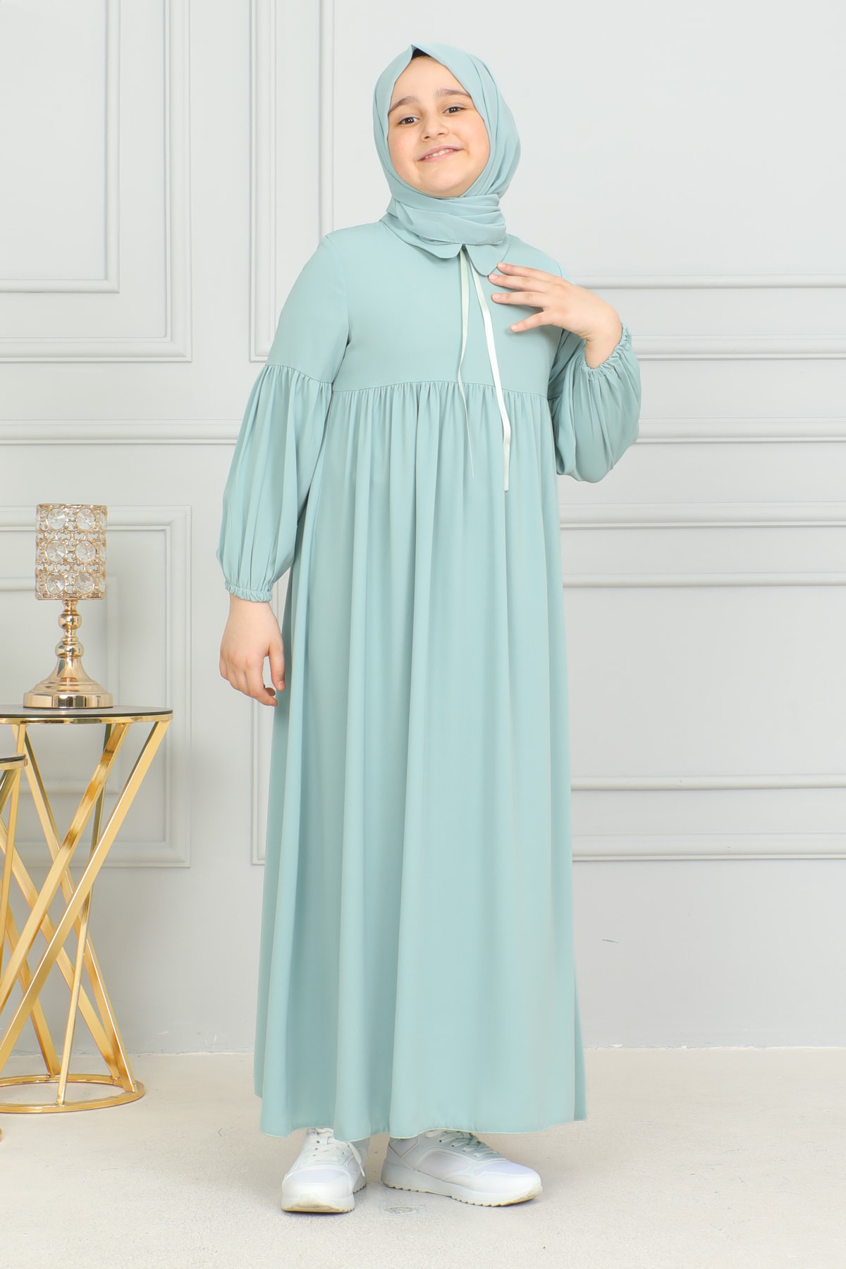 Bebe Yaka Büzgülü Çocuk Elbise 4006 & Mint yeşili