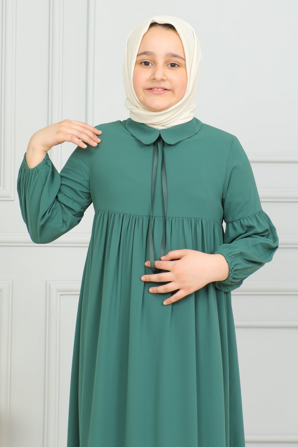 Bebe Yaka Büzgülü Çocuk Elbise 4006 & Yeşil