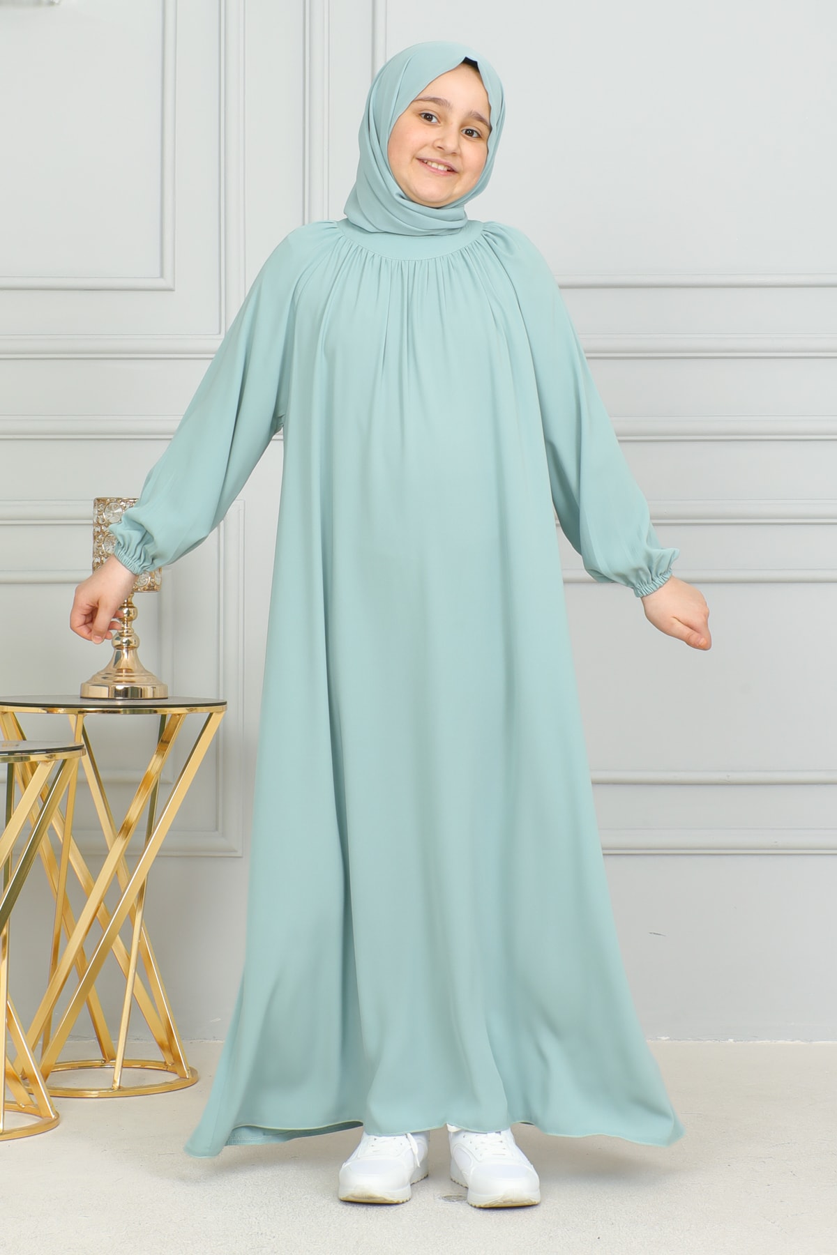 Reglan Kol Büzgülü Çocuk Elbise 4004 & Mint yeşili