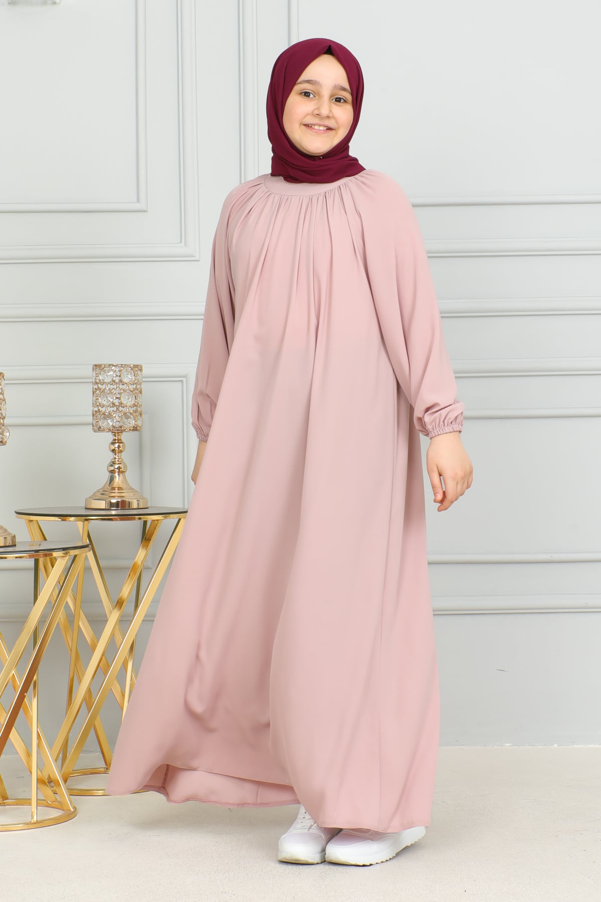 Reglan Kol Büzgülü Çocuk Elbise 4004 & pudra