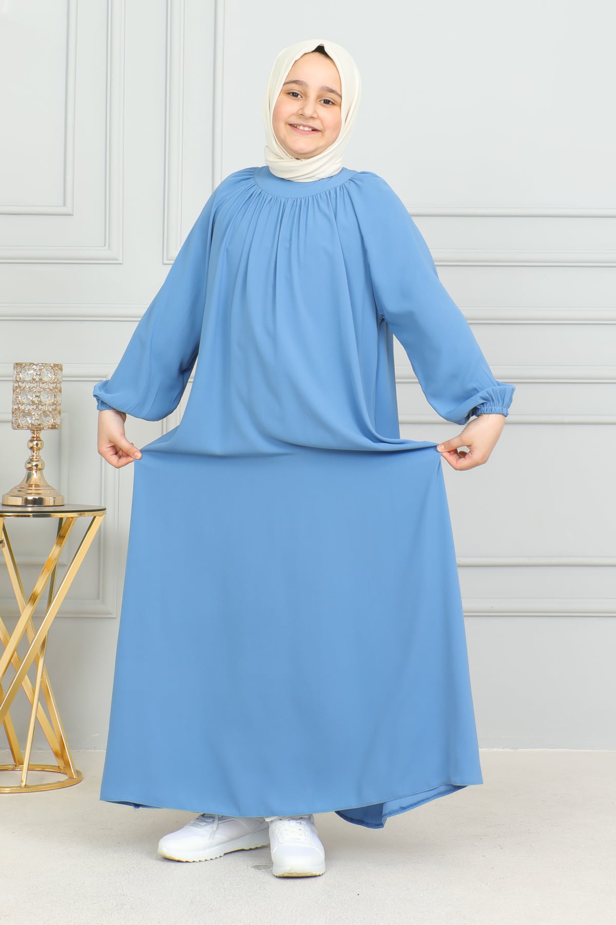 Reglan Kol Büzgülü Çocuk Elbise 4004 & mavi