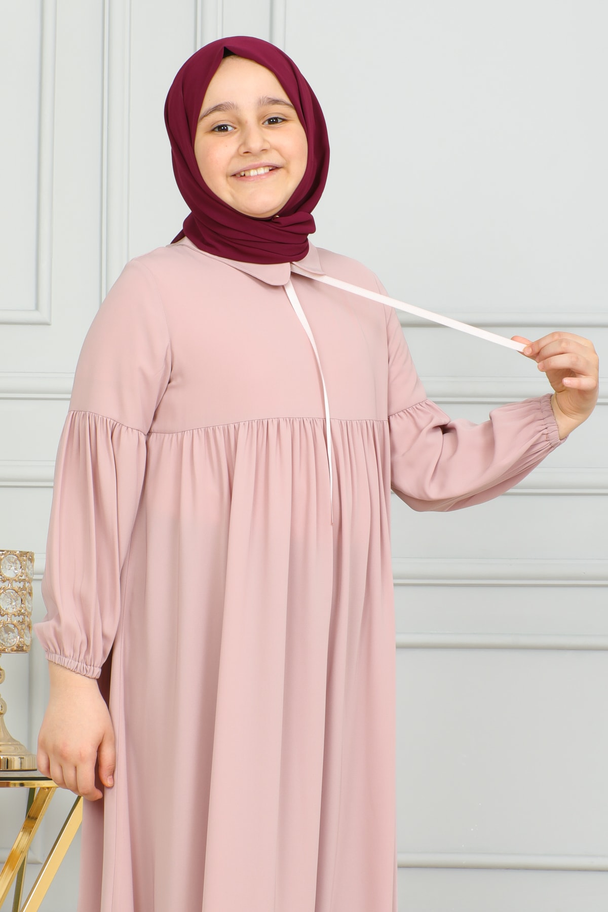 Bebe Yaka Büzgülü Çocuk Elbise 4006 & Pudra