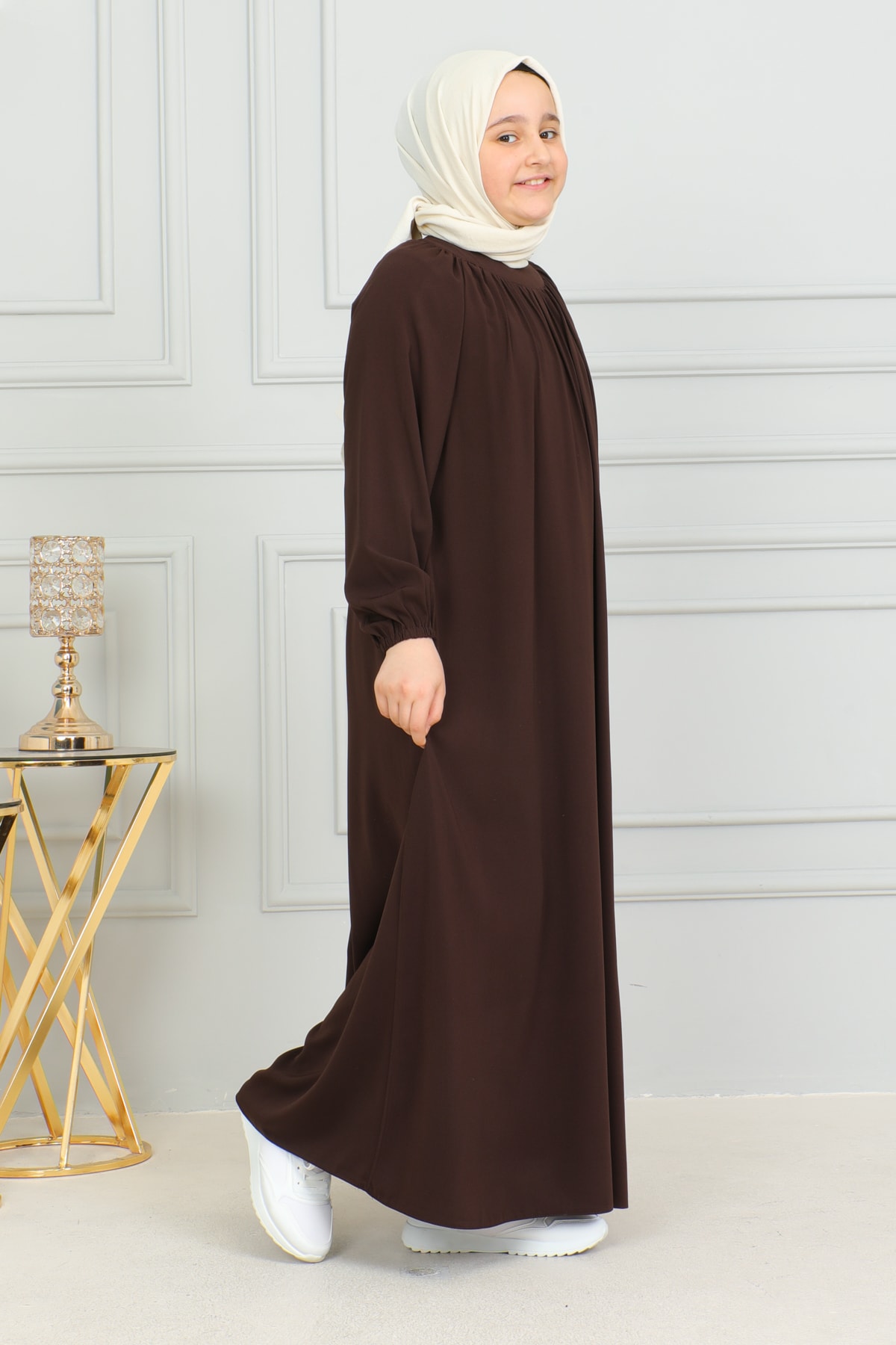 Reglan Kol Büzgülü Çocuk Elbise 4004 & Kahverengi