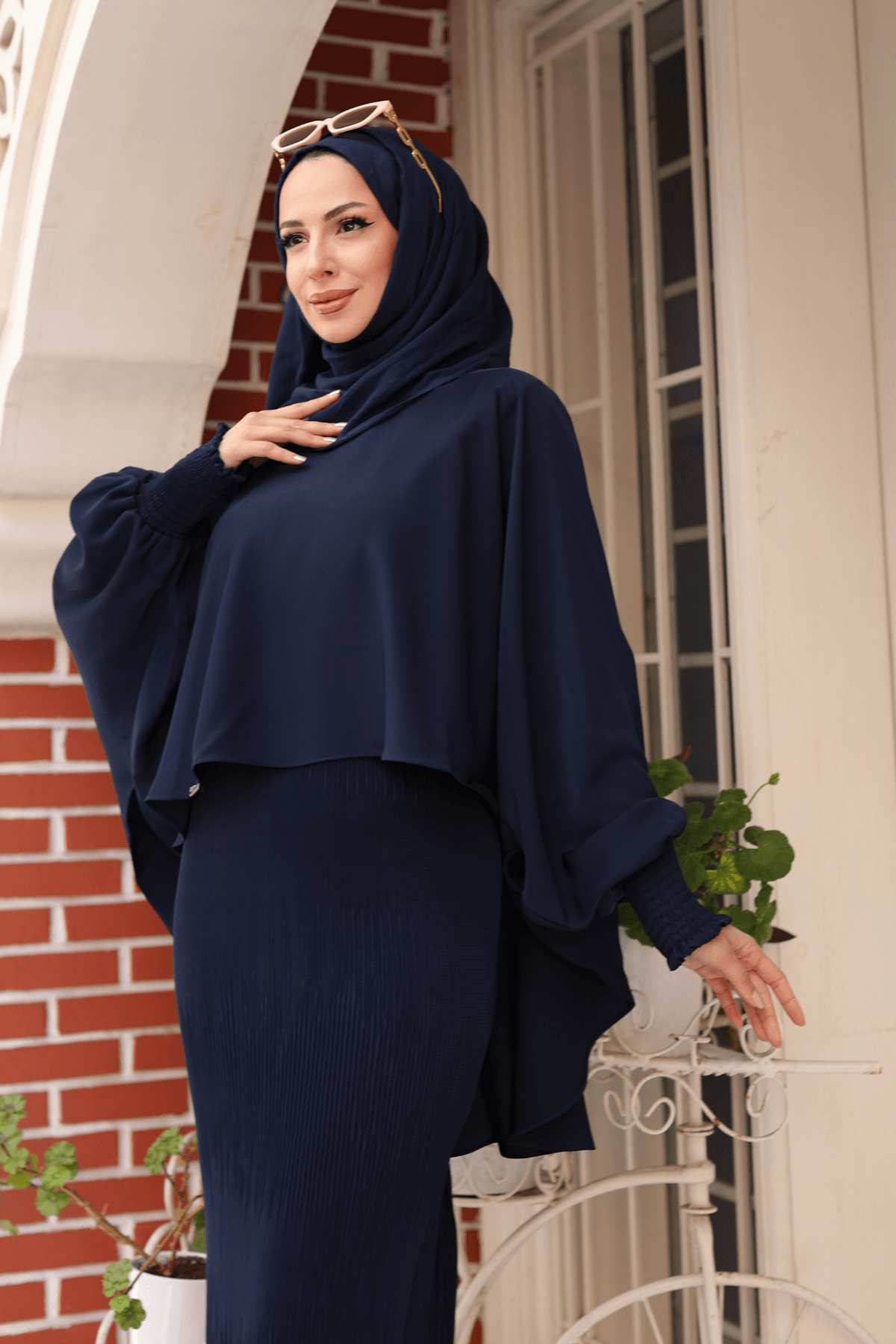 Elagant Dubai İpeği Pelerın Takım & Lacivert
