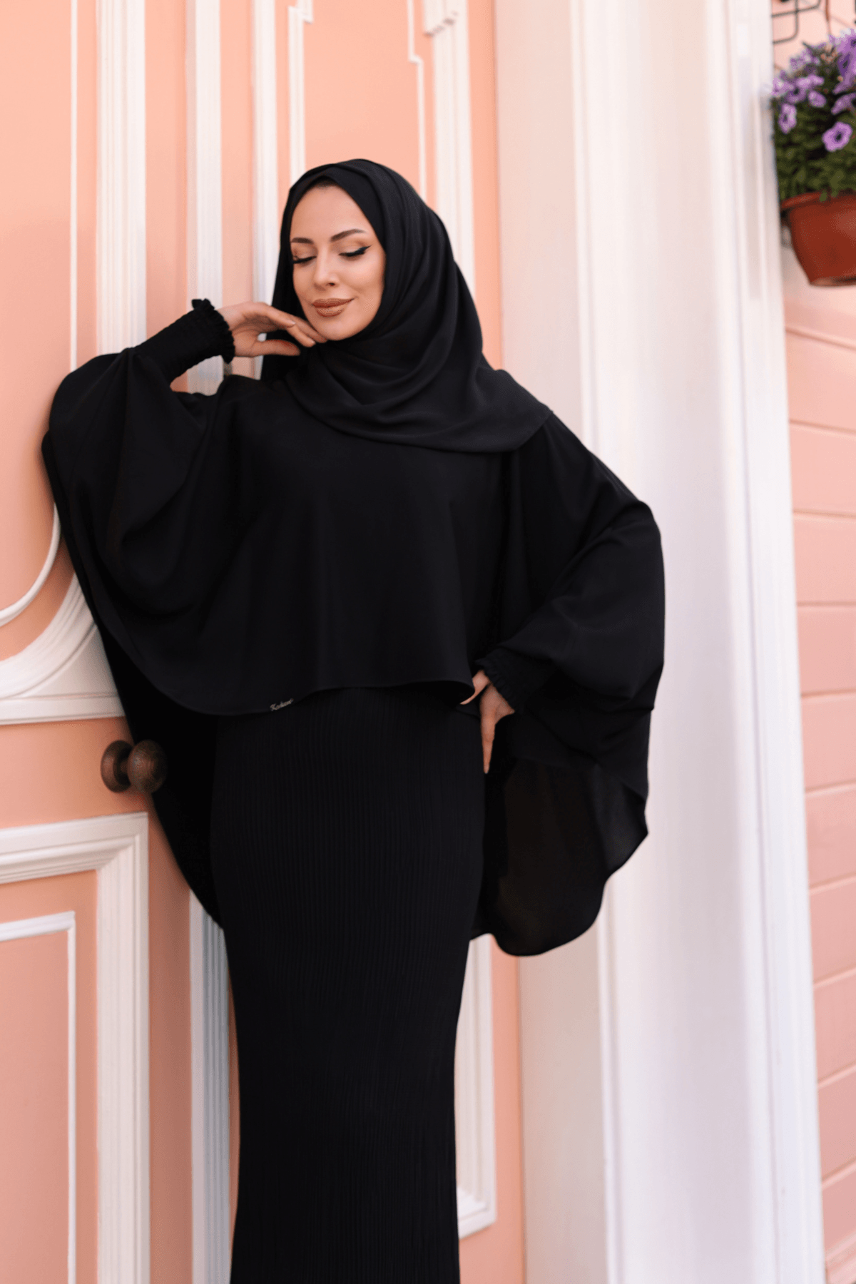 Elagant Dubai İpeği Pelerın Takım & Siyah