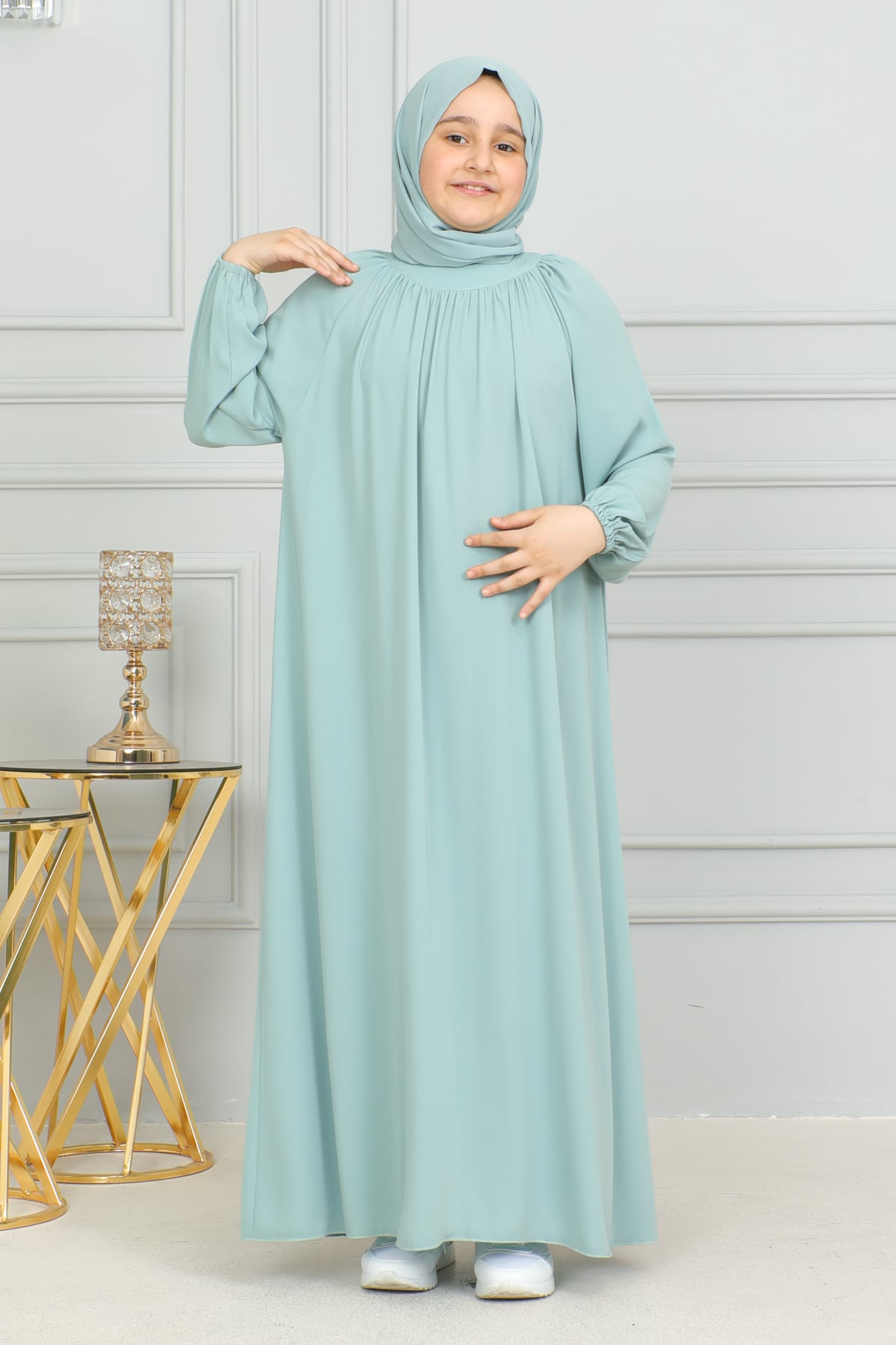 Reglan Kol Büzgülü Çocuk Elbise 4004 & Mint yeşili