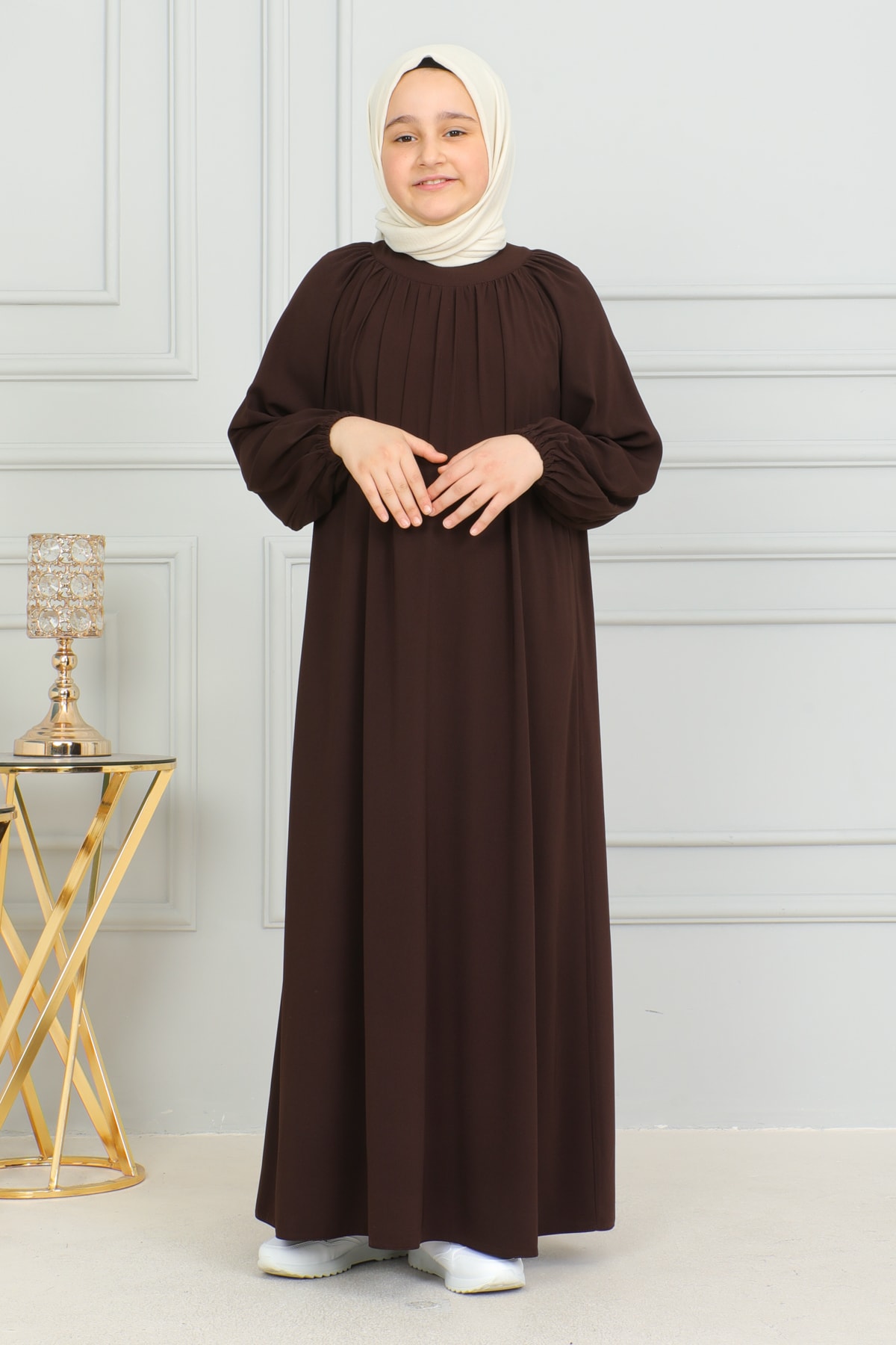 Reglan Kol Büzgülü Çocuk Elbise 4004 & Kahverengi