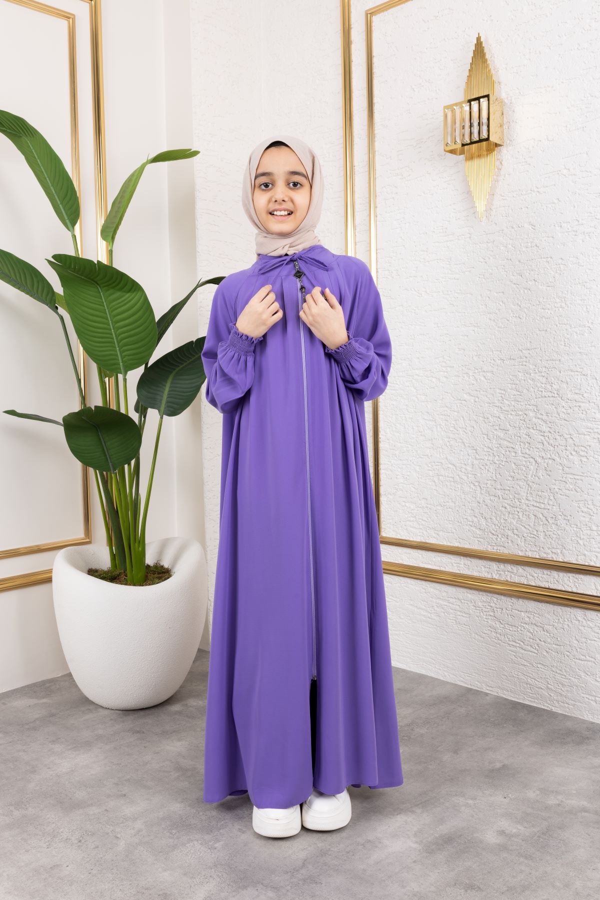 Bağcıklı Pileli Çocuk Ferace 4007 & Mor