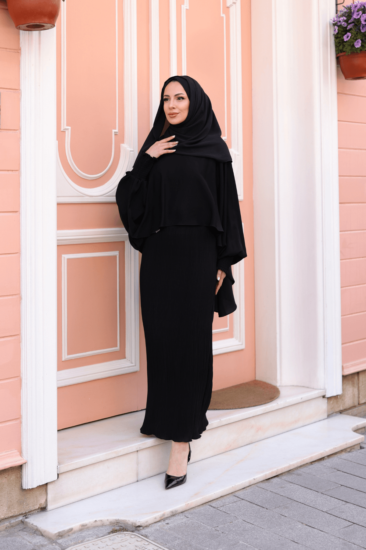 Elagant Dubai İpeği Pelerın Takım & Siyah