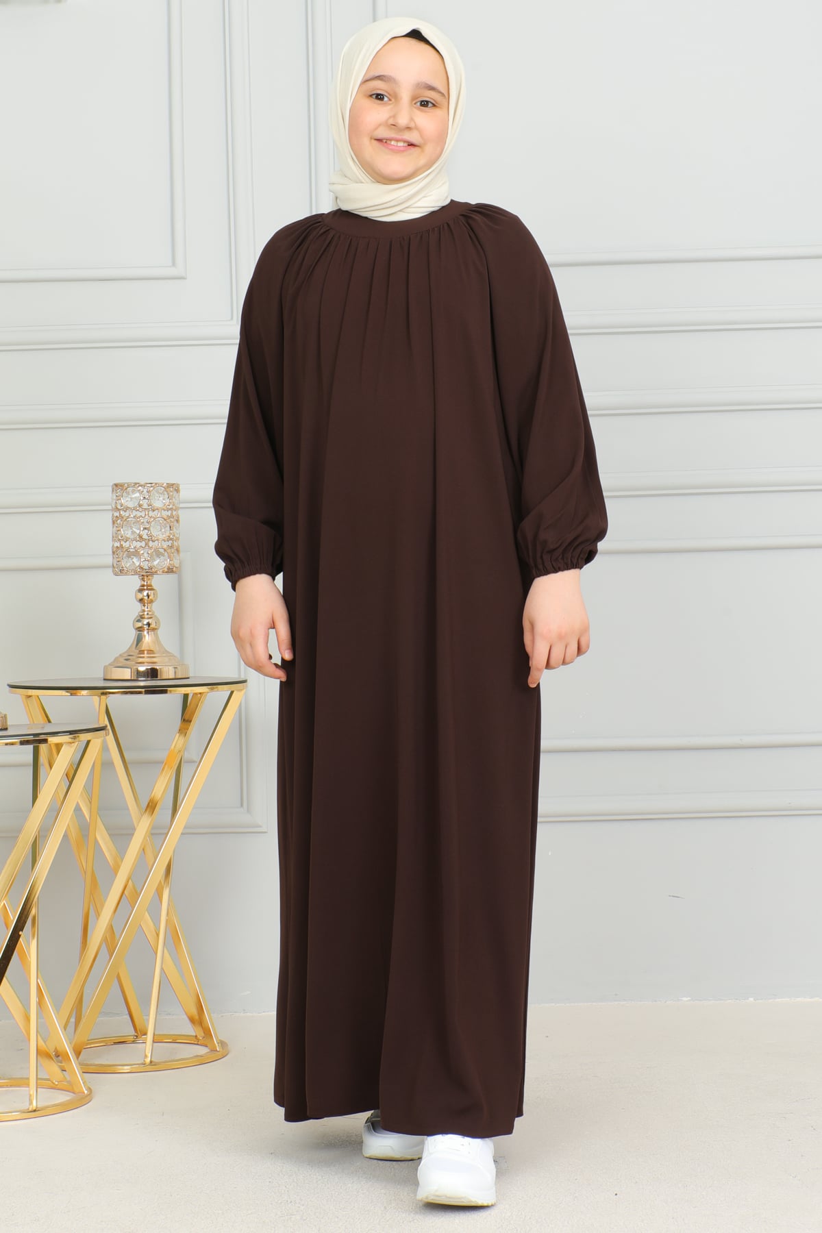 Reglan Kol Büzgülü Çocuk Elbise 4004 & Kahverengi