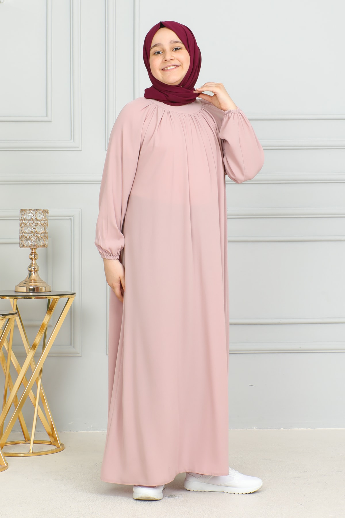 Reglan Kol Büzgülü Çocuk Elbise 4004 & pudra