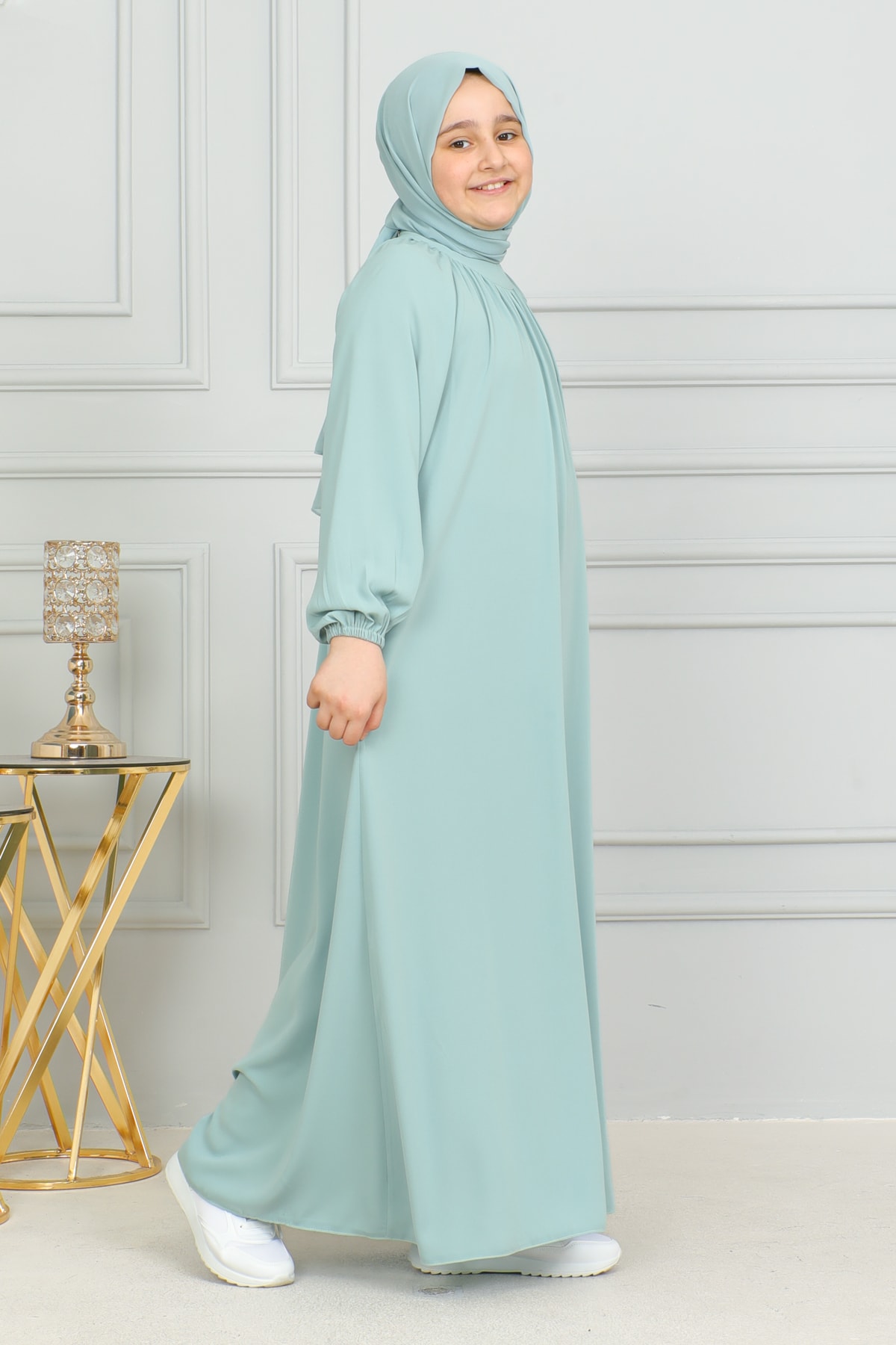 Reglan Kol Büzgülü Çocuk Elbise 4004 & Mint yeşili