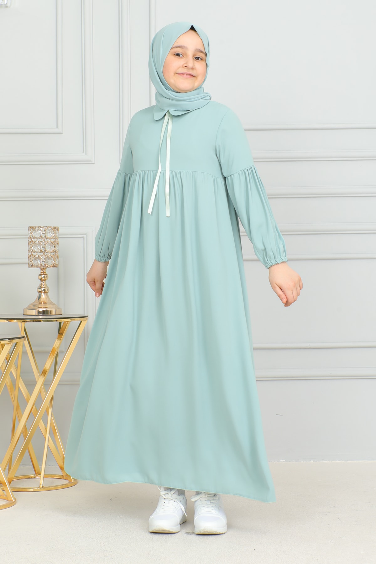 Bebe Yaka Büzgülü Çocuk Elbise 4006 & Mint yeşili