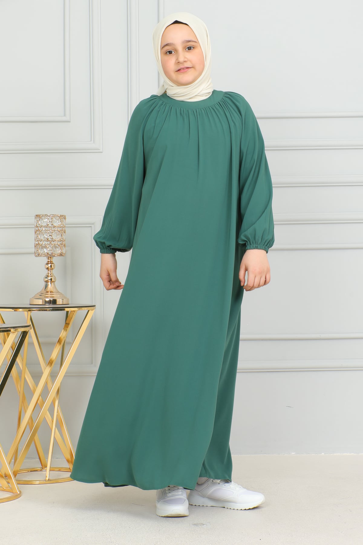 Reglan Kol Büzgülü Çocuk Elbise & Yeşil