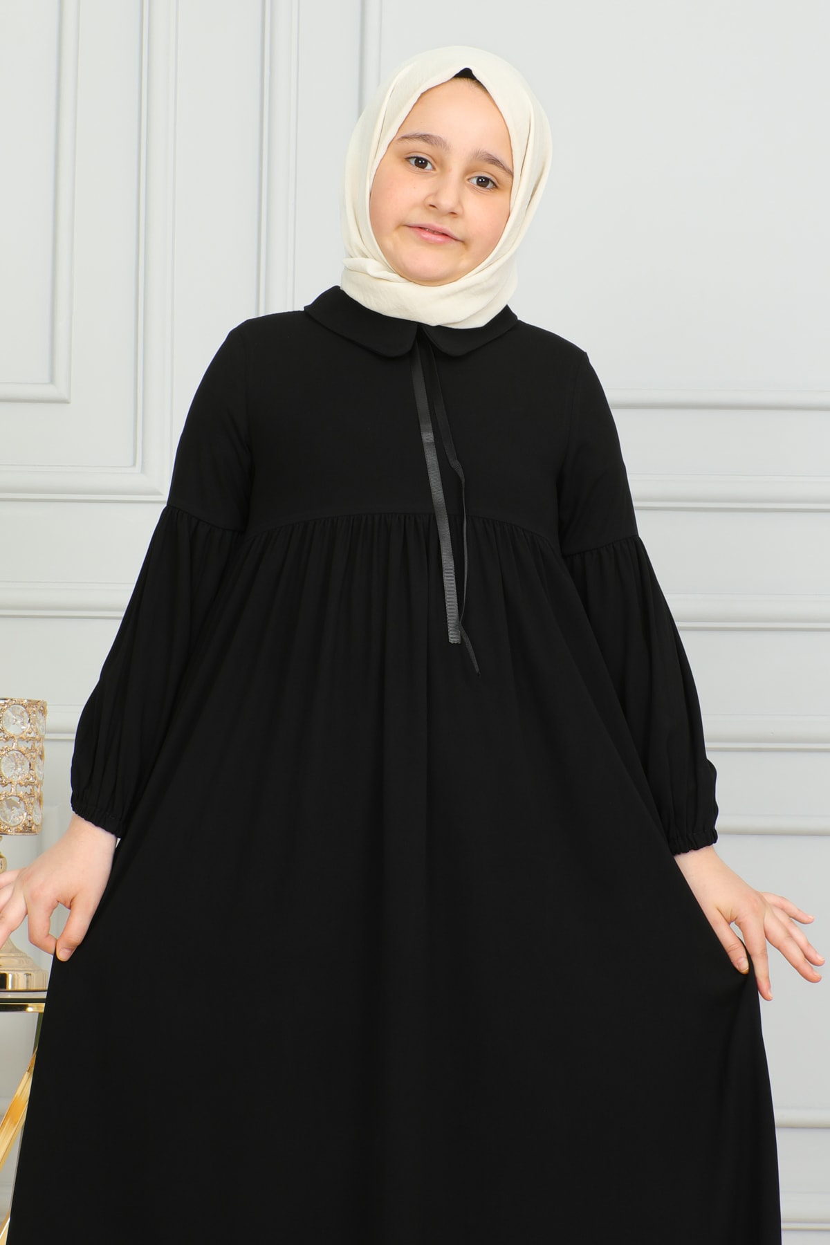 Bebe Yaka Büzgülü Çocuk Elbise 4006 & Siyah