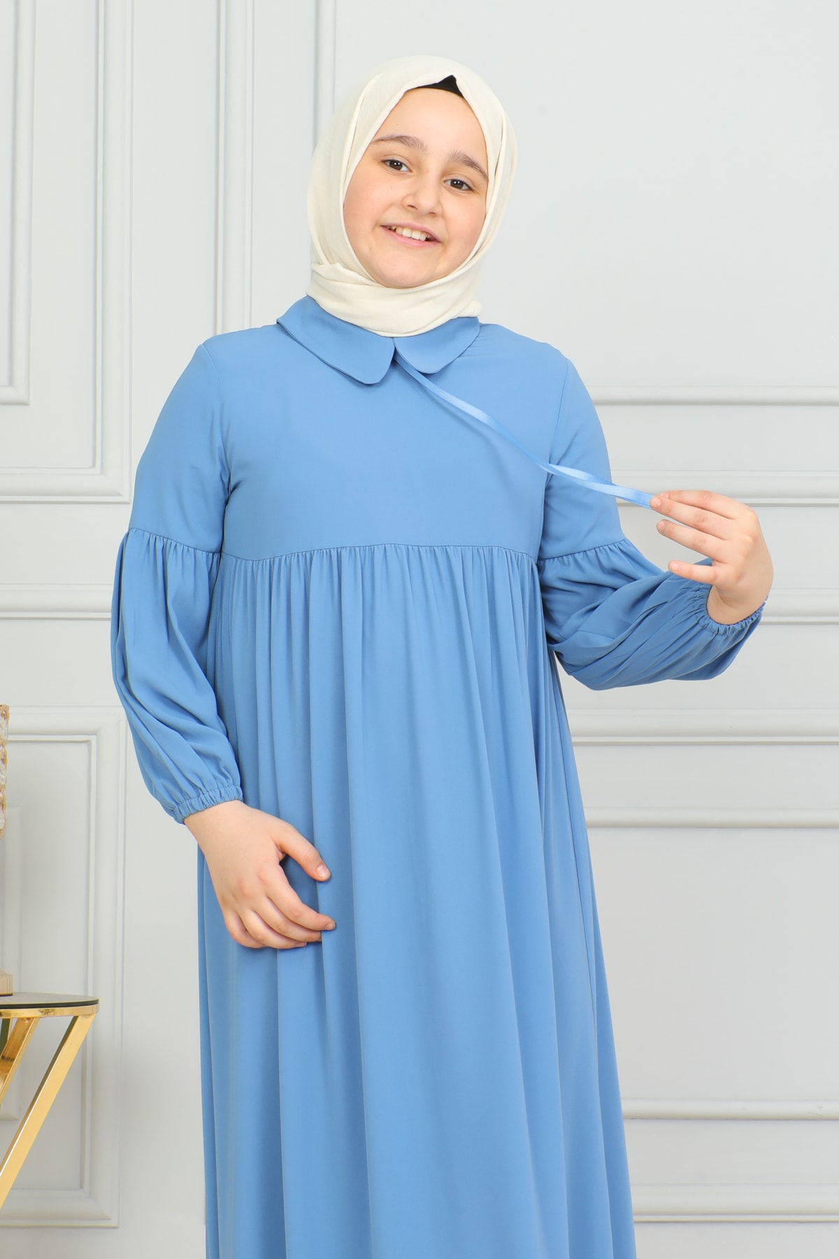 Bebe Yaka Büzgülü Çocuk Elbise 4006 & Mavi