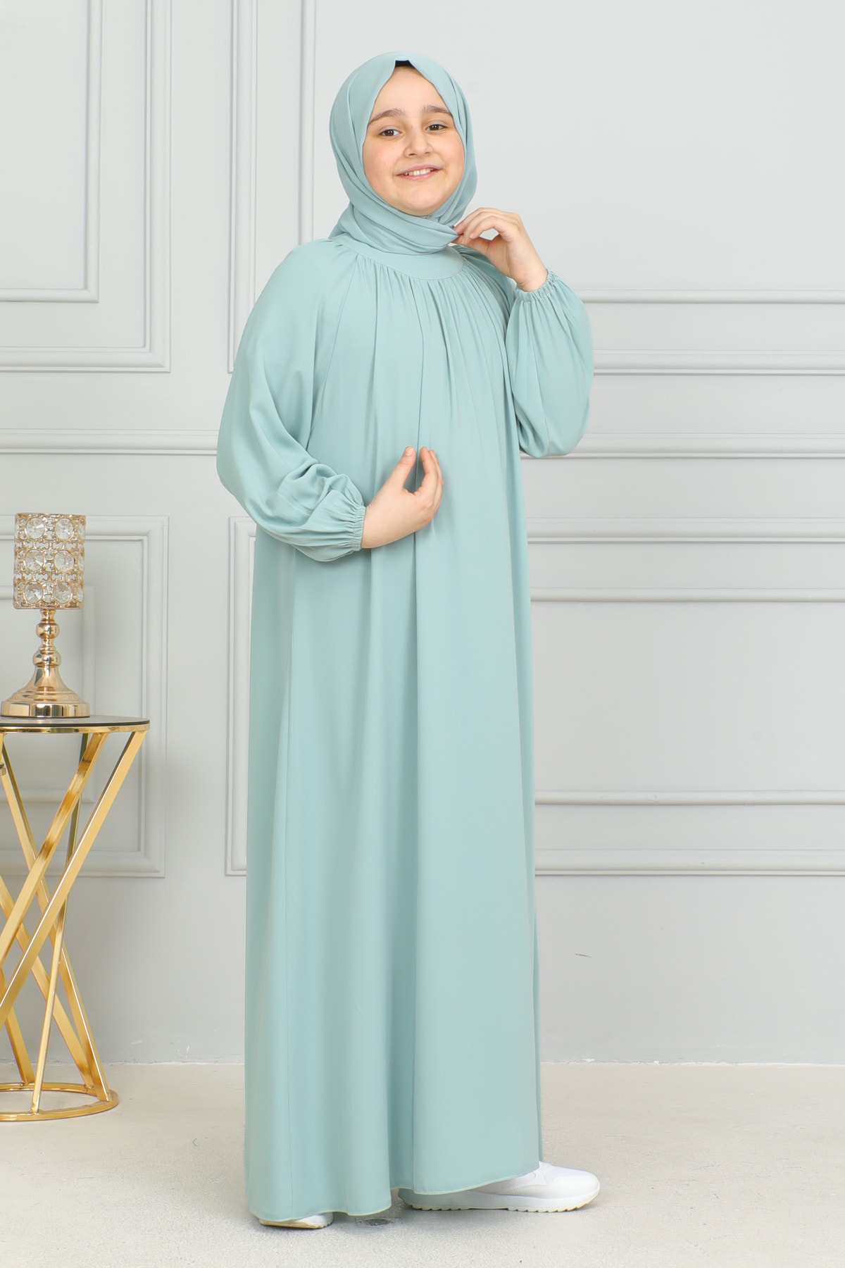 Reglan Kol Büzgülü Çocuk Elbise 4004 & Mint yeşili