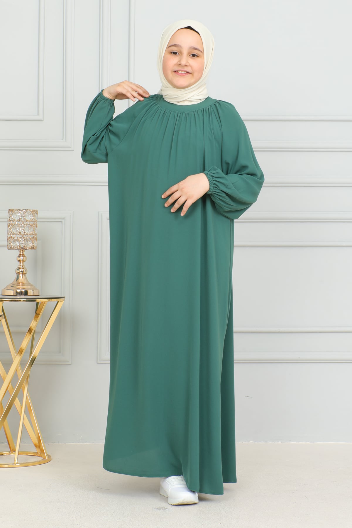 Reglan Kol Büzgülü Çocuk Elbise & Yeşil