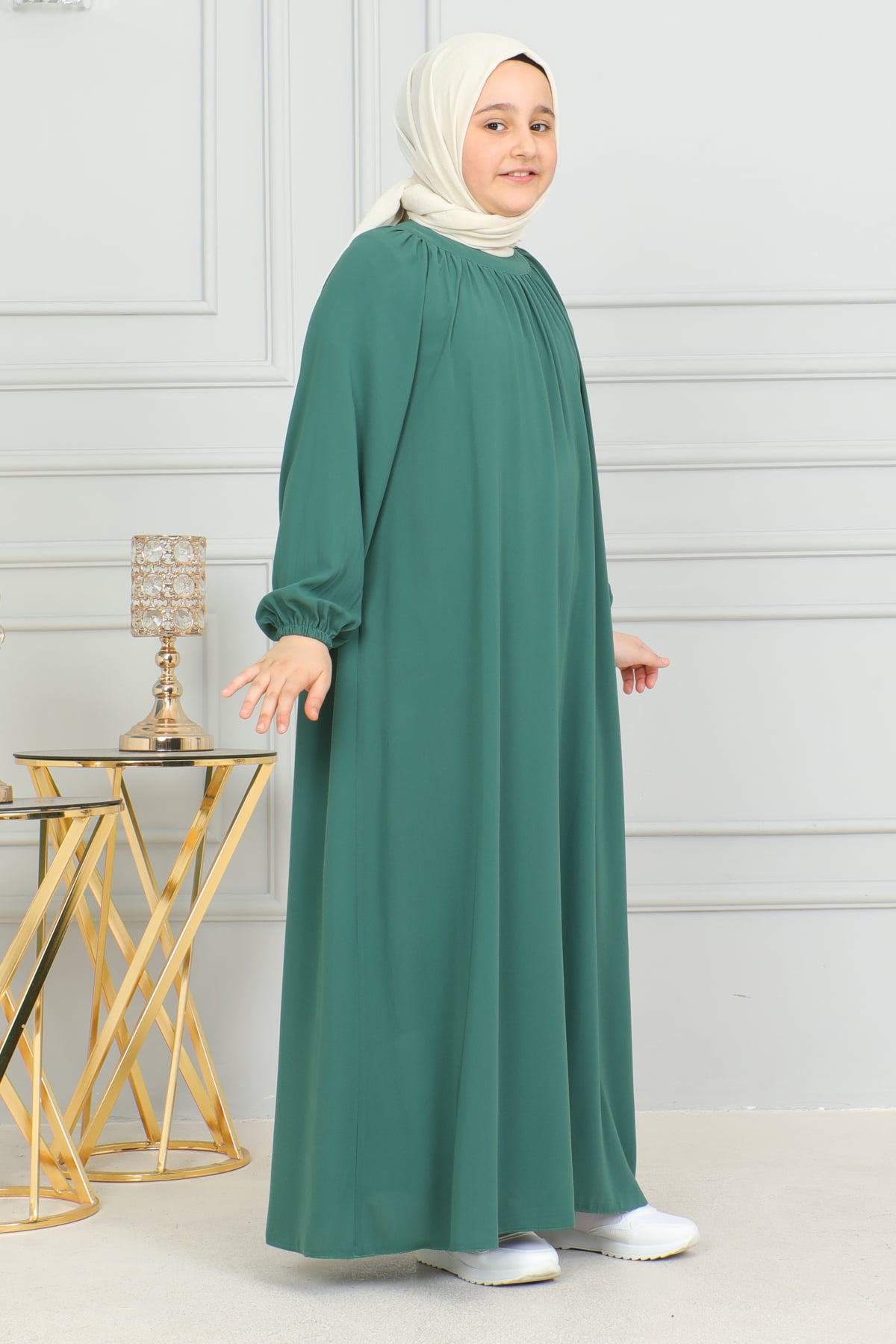 Reglan Kol Büzgülü Çocuk Elbise & Yeşil