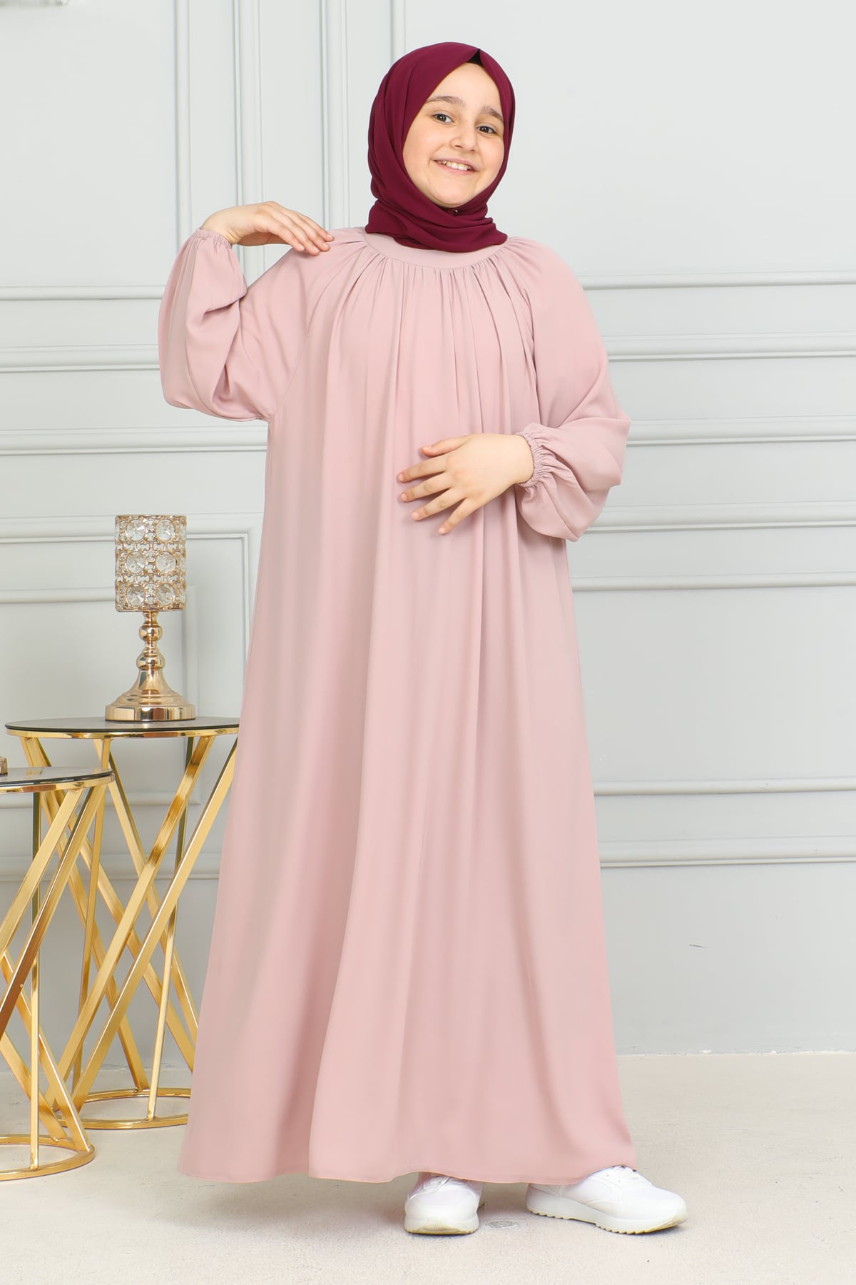 Reglan Kol Büzgülü Çocuk Elbise 4004 & pudra